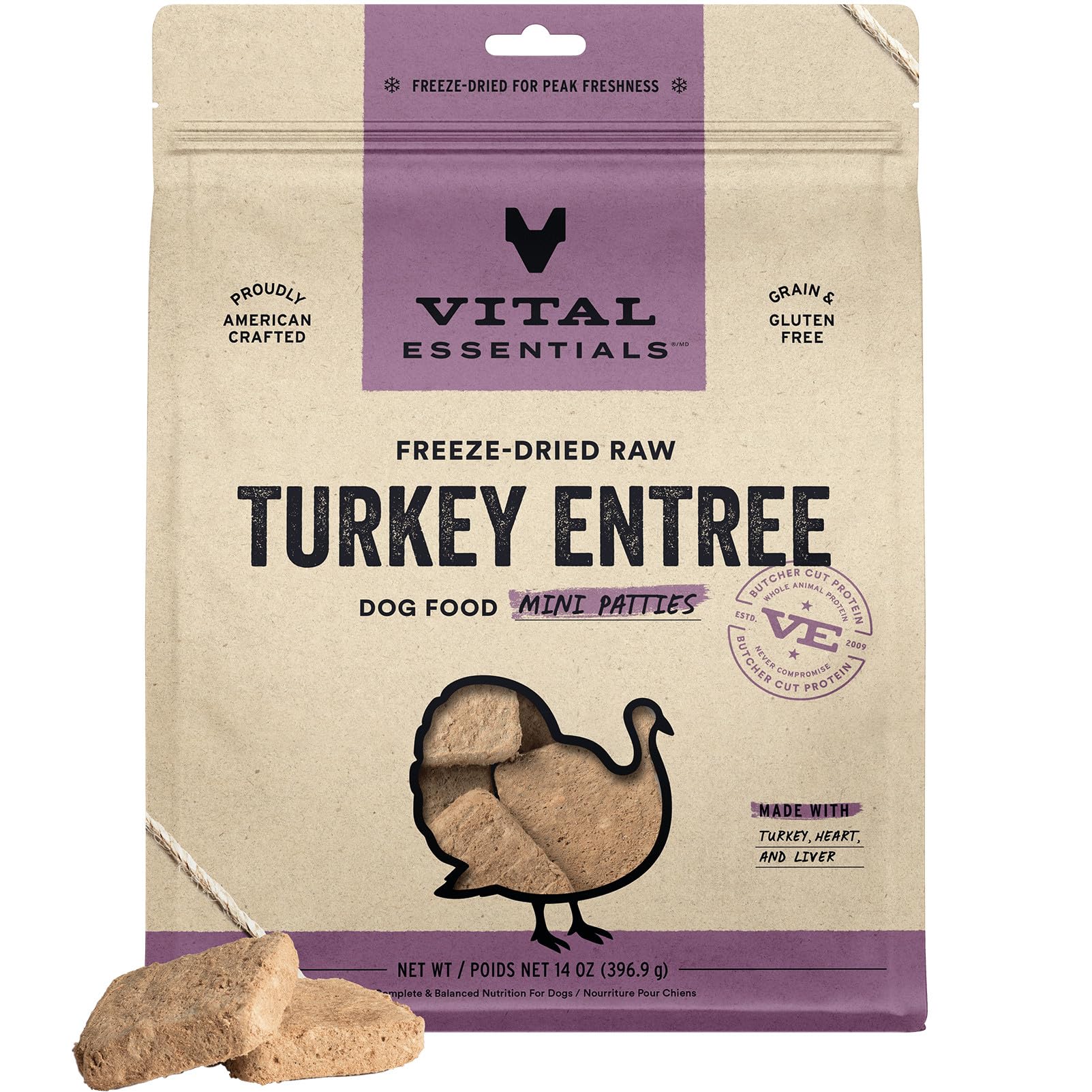 Vital Essentials Freeze Dried Dog Food, Raw Turkey Mini Patties | Complete Meal or Topper | High Protein, Grain Free Dry Dog Food | 14 oz Bag