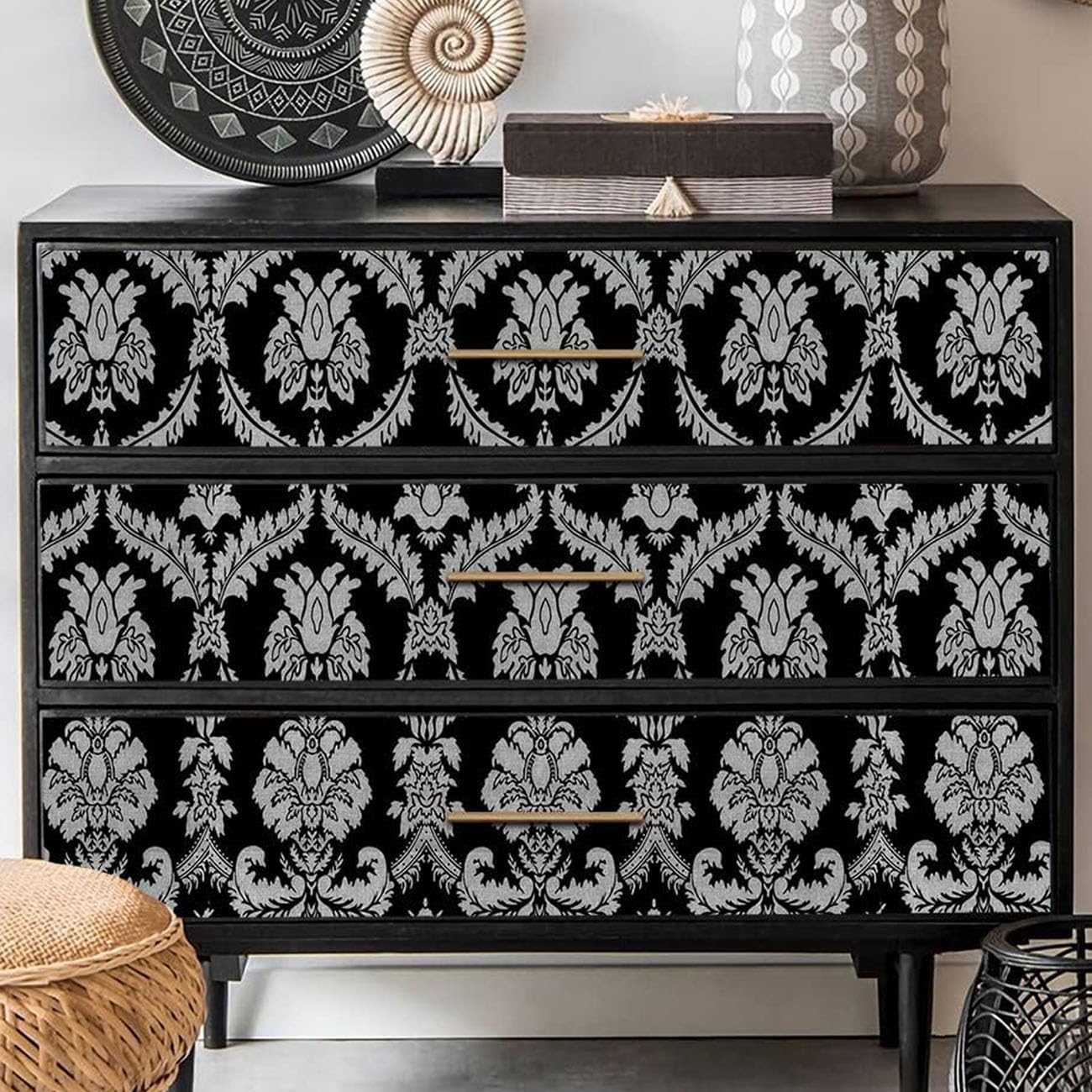 J8360 Damask Peel and Stick Wallpaper 17.7" x 9.8ft Black/Silver Removable Prepasted Contact Paper Self-Adhesive Shelf Liner Decorative Vinyl Film for Home Use