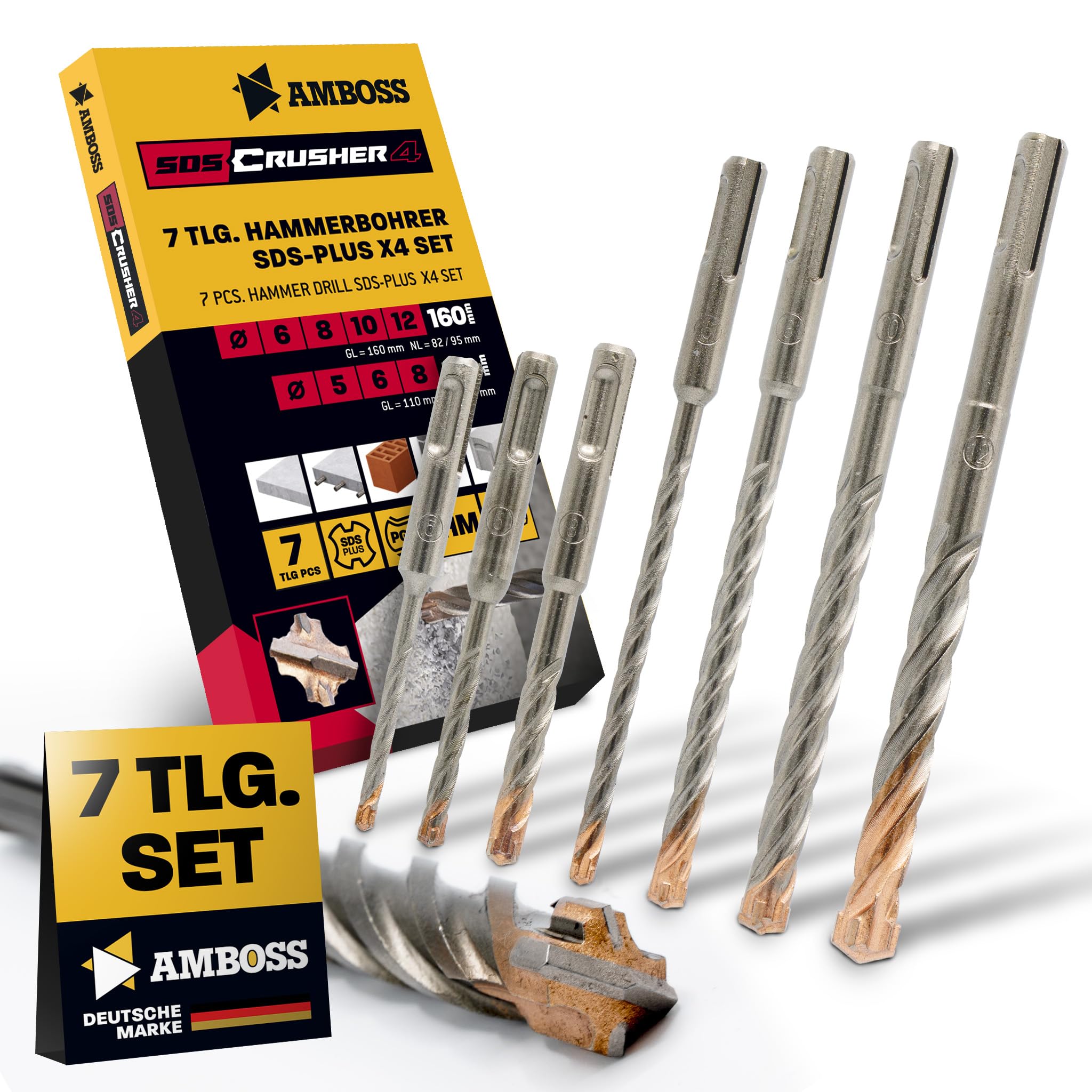 SDS+ Hammer Drill Bit Set 7 Pieces 4 x Cutting PGM Diameter 5-12 mm x 110/160 mm - Amboss Werkzeuge SDS Crusher 4 - HM Concrete Drill Carbide Professional Drill Bit - Reinforced Concrete Masonry — image 1