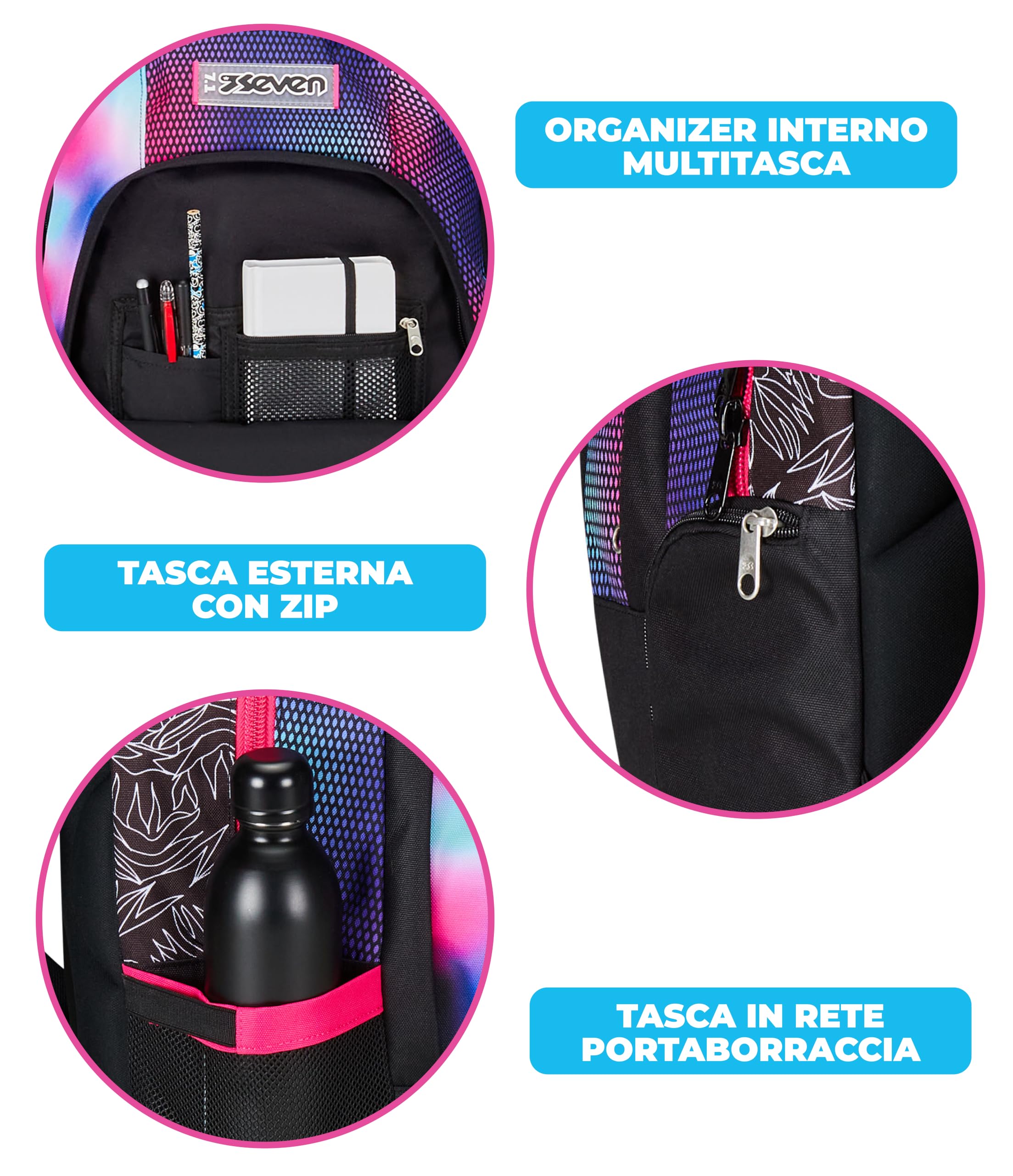 Seven Trolley Scuola Flex 3 Ruote, Rosa, Shadefull Girl, 3 in 1, Triplo Uso, Zaino Con Carrello Sganciabile, Tasca Porta Borraccia e Crossover System, Zaino Scuola Viaggio, Bambina Ragazza