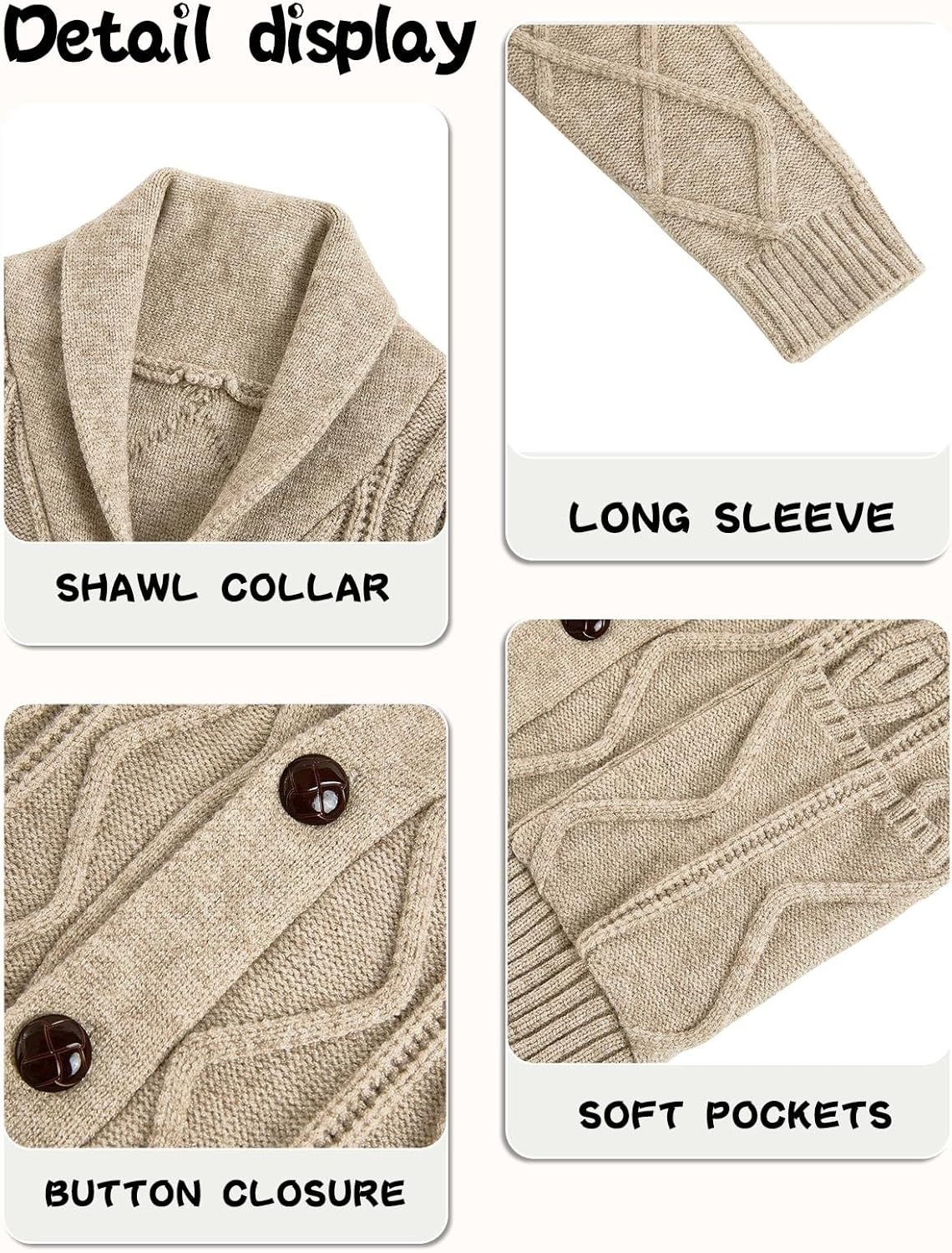 Boy's Sweater Cardigan Button Down Shawl Collar Cable Knitted Outwear Long Sleeve Sweater Coats with Pockets - Image 6