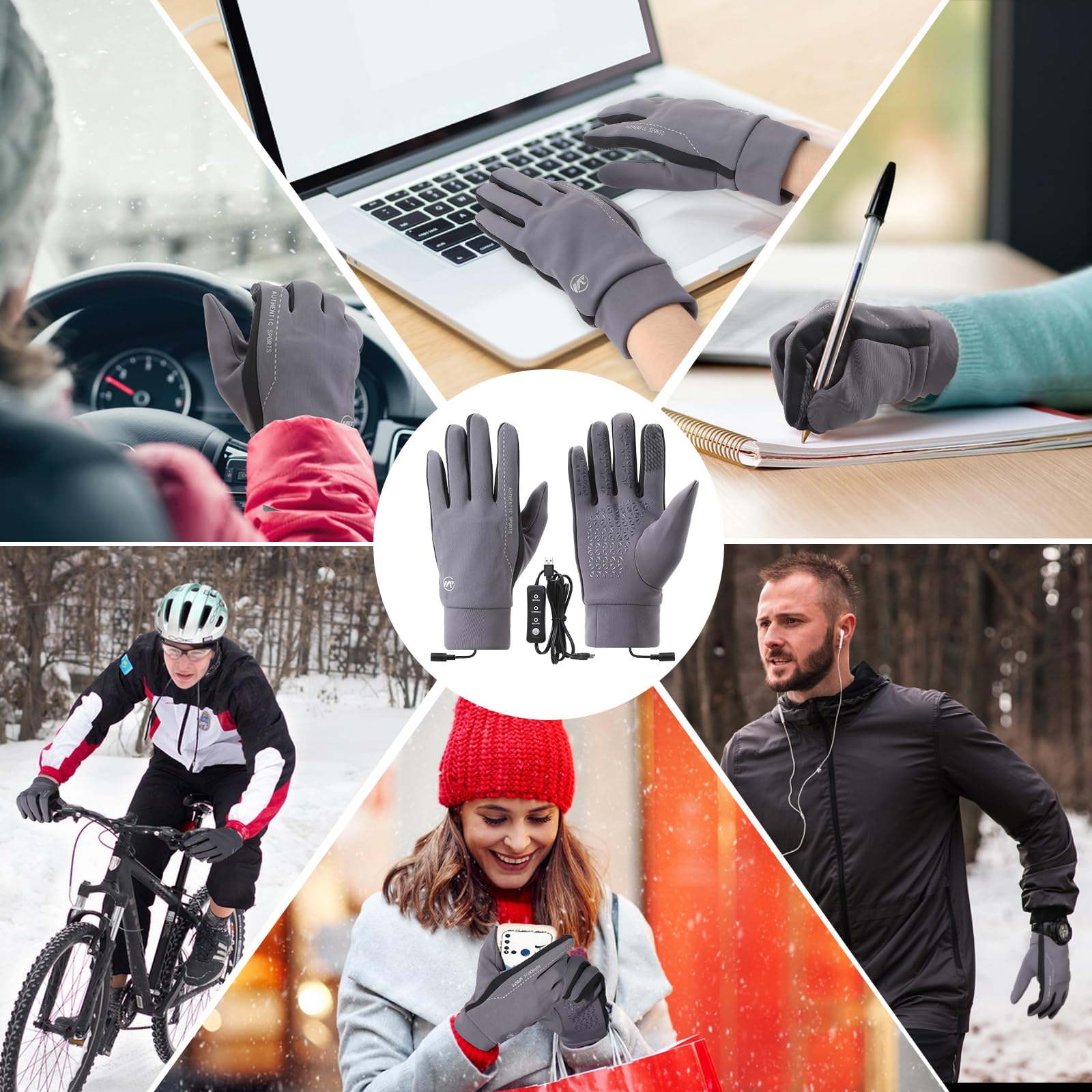 USB Guantes Calefactables, 3 Guantes de Temperatura Ajustable Impermeables Antideslizante Guantes Invierno Guantes Eléctricos Calefactables con Dedos Completos para Outdoor Ciclismo Senderismo