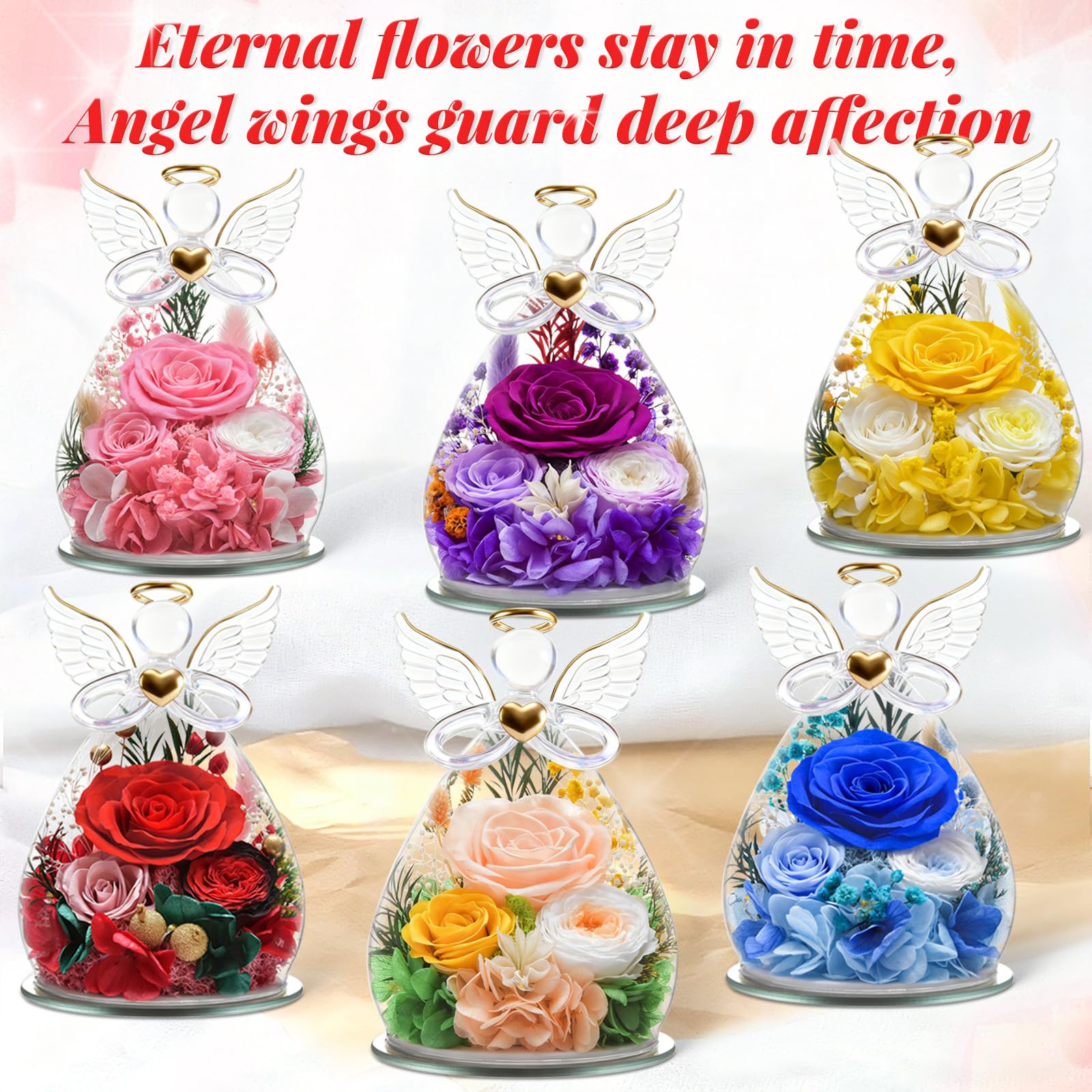 Figurine d'ange éternelle - Cadeau pour femme, maman, épouse - Anniversaire, Noël - Fleur éternelle avec éclairage LED (rouge et rose)