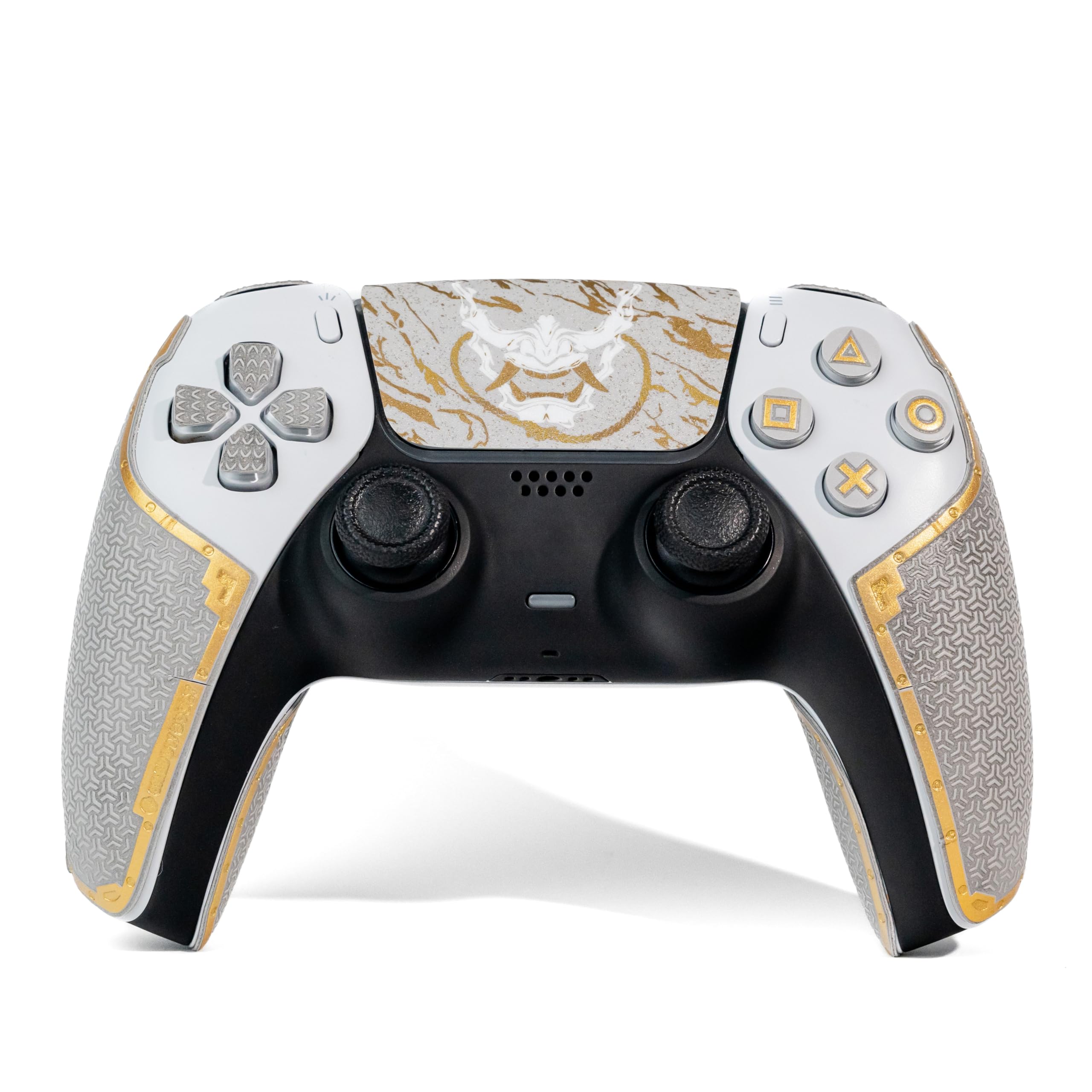 Poignées de manette pour PS5 DualSense, antidérapant, multi-texture, absorption de la transpiration, ruban adhésif prédécoupé (gris cendré et doré, série Guardian 2.0 pour DualSense)