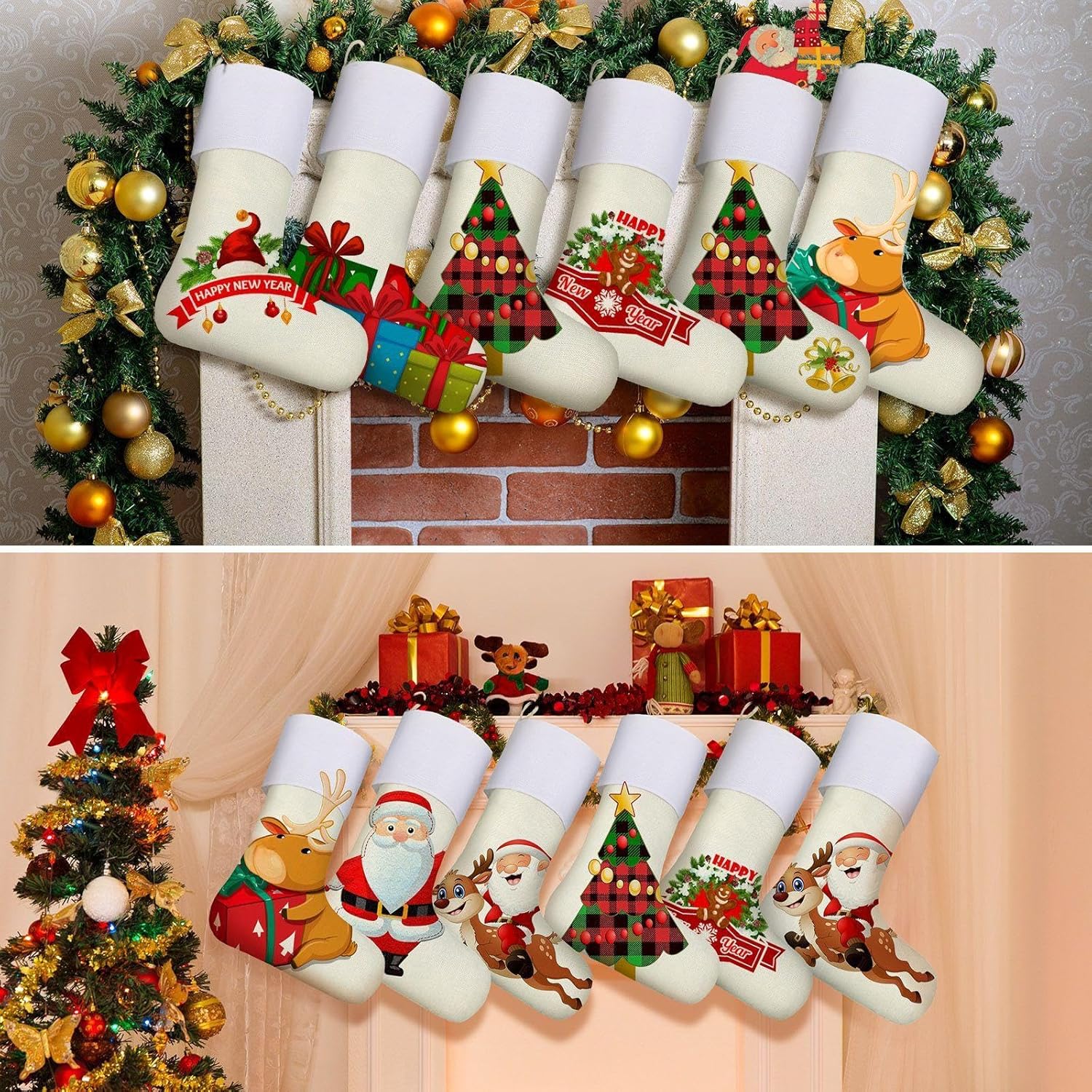 Tatuo 6 Pieces Sublimation Christmas Burlap Stockings Christmas Stockings Fireplace Hanging Stocks for Decoration Fireplace Hanging Ornaments Holiday Decorations