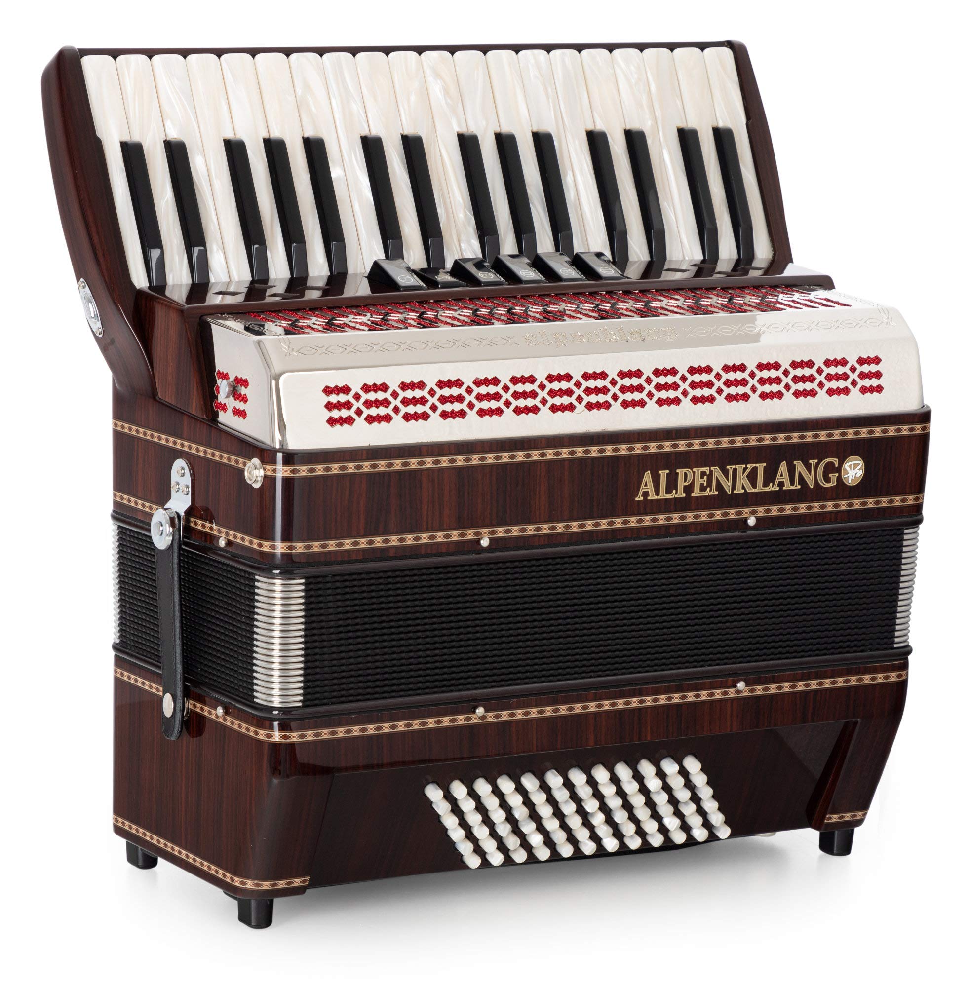 Alpenklang Pro Akkordeon III 72 M Palisander, 6 Diskant-Register, 72 Bässe | 34 Diskant-Tasten aus Perlmutt, 3-chörig im Diskant, Kräftiger, 4-chöriger Standard-Bass, Abmessungen: ca. 42 x 44 x 27 cm