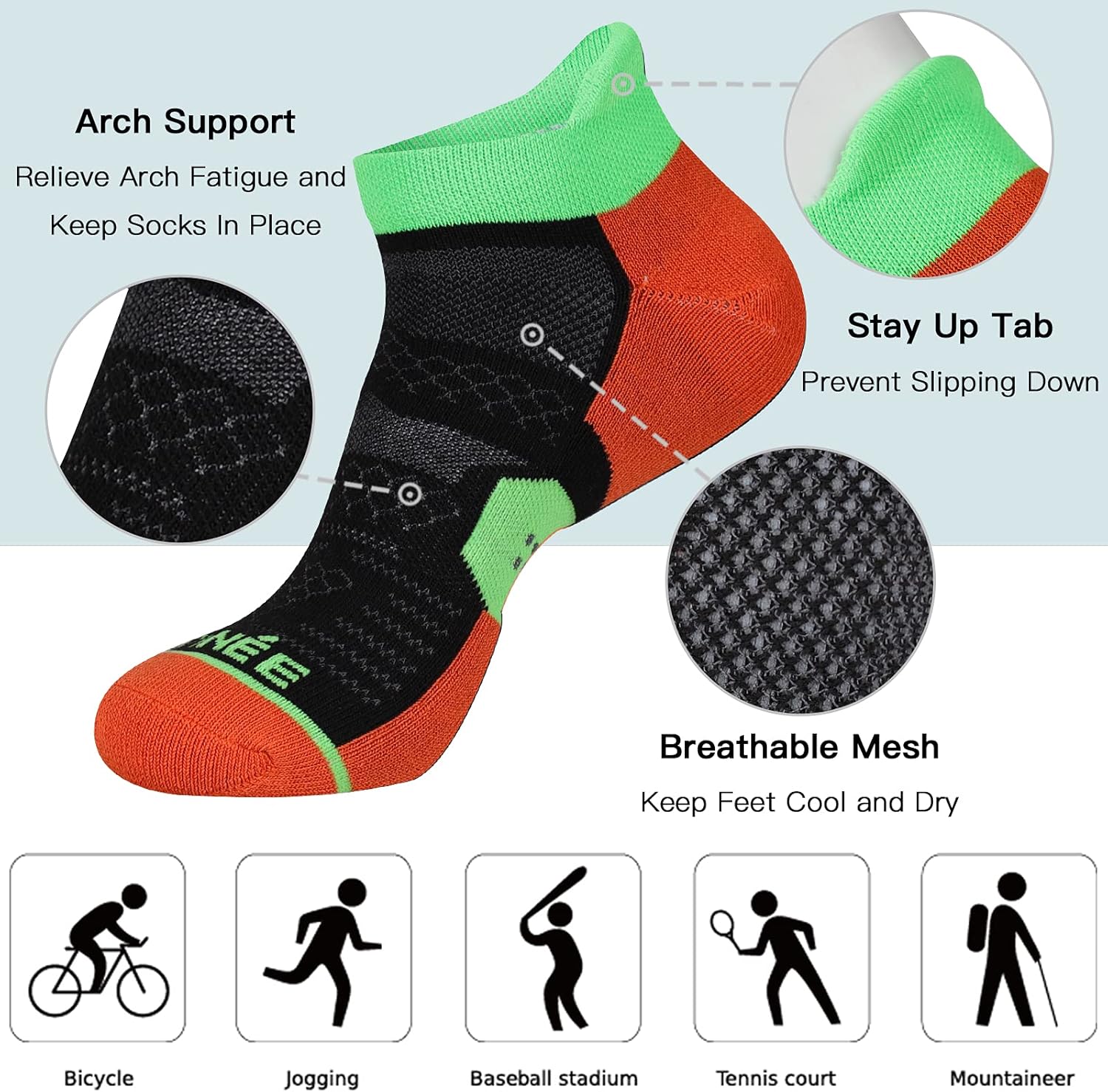 JOYNÉE 6 Pack Men's Running Ankle Socks with Cushion, Low Cut Athletic Sport Tab Socks - Image 2