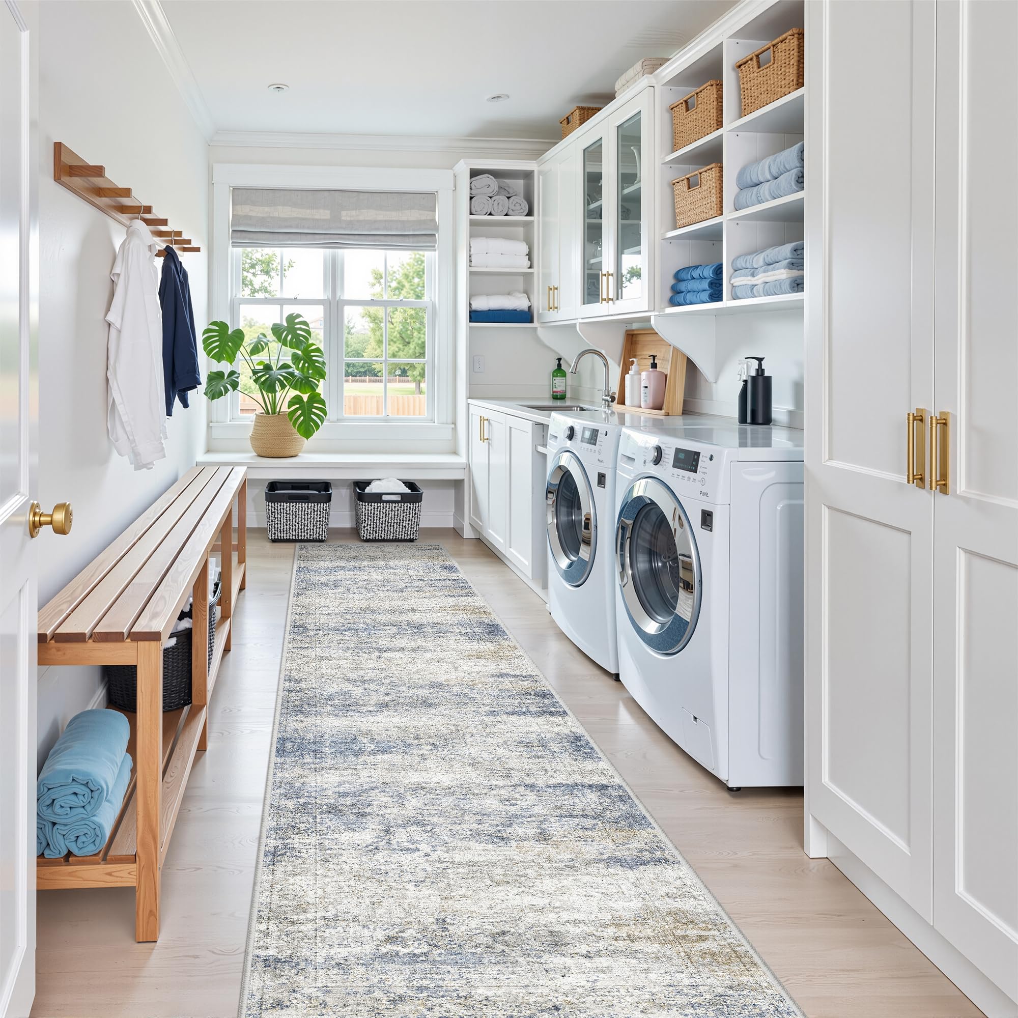 Restydon Long Rugs Runner - Washable Runner Rugs for Hallway 2x10, Ultra-Thin Soft Kitchen Carpet Runner, Anti Slip Backing Runner Rugs for Entrance, Bedroom, Living Room(2'x10', Blue/Brown/Ivory) — image 1