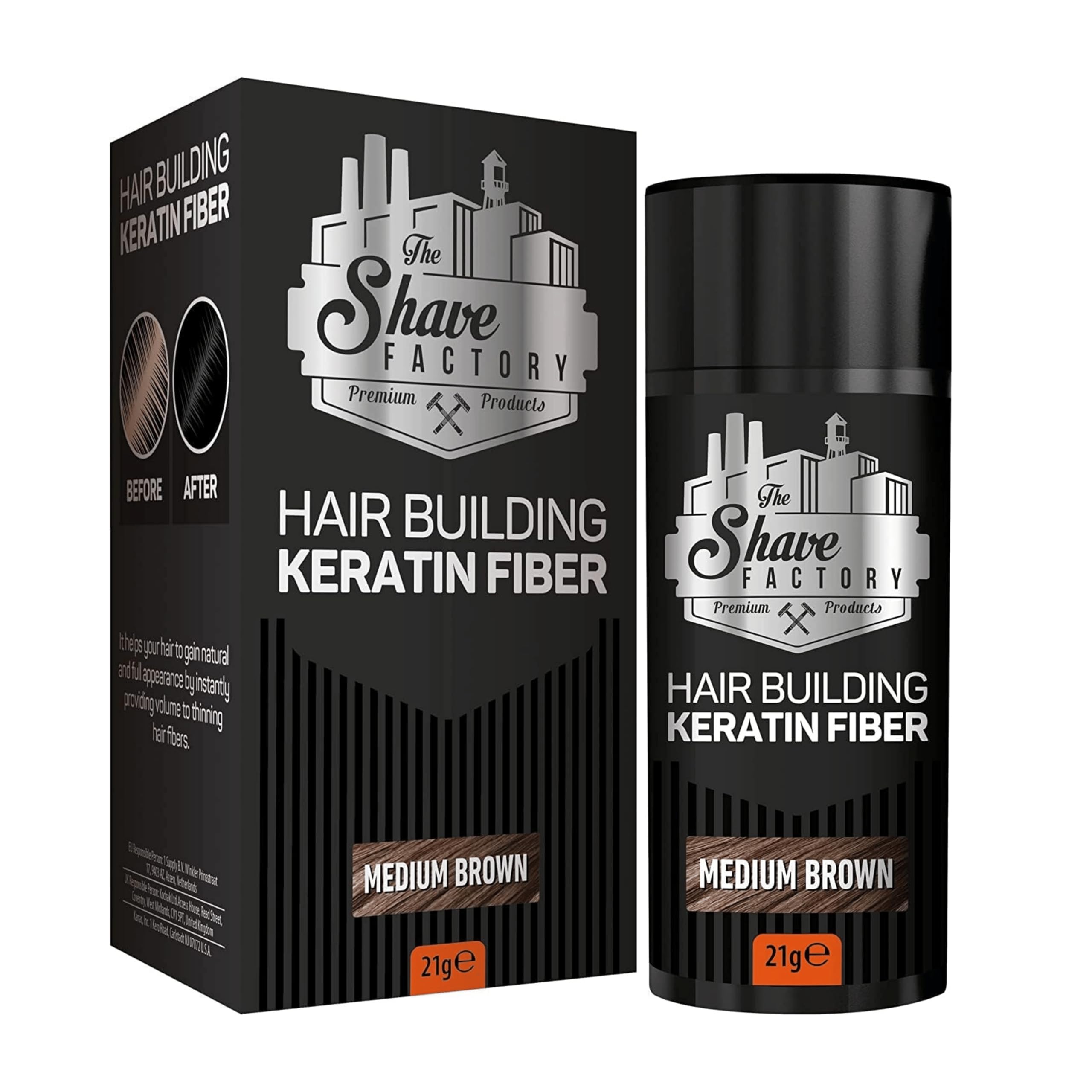 The Shave Factory Hair Building Keratin Series, Fibre Hair, Fibres Scattered Hair (Powder 21gr, Medium Brown)