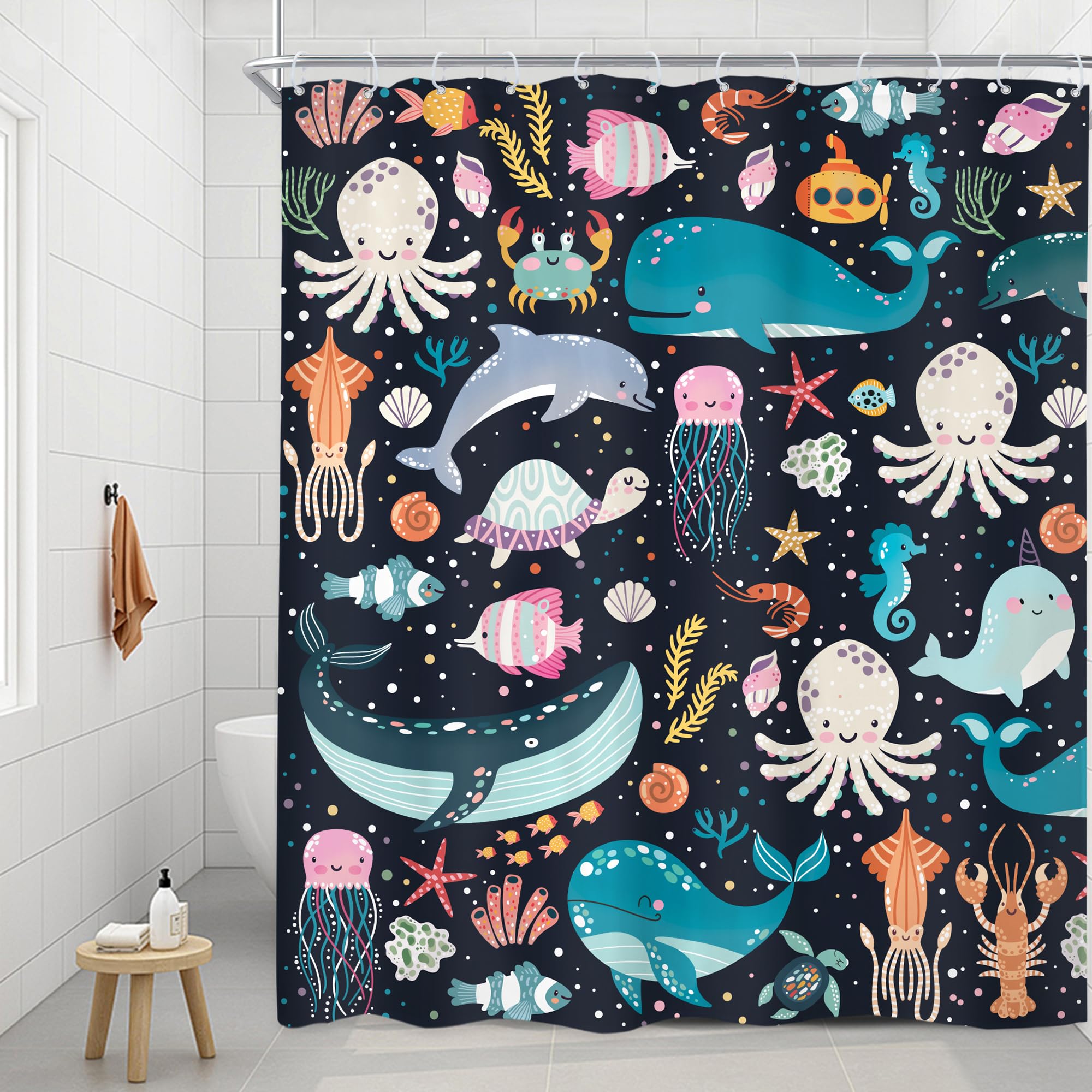 Riyidecor Kids Ocean Animal Shower Curtain 60Wx72H Inch Underwater Cartoon Whale Dolphin Octopus Jellyfish Turtle Beach Sealife Cute Funny Boys