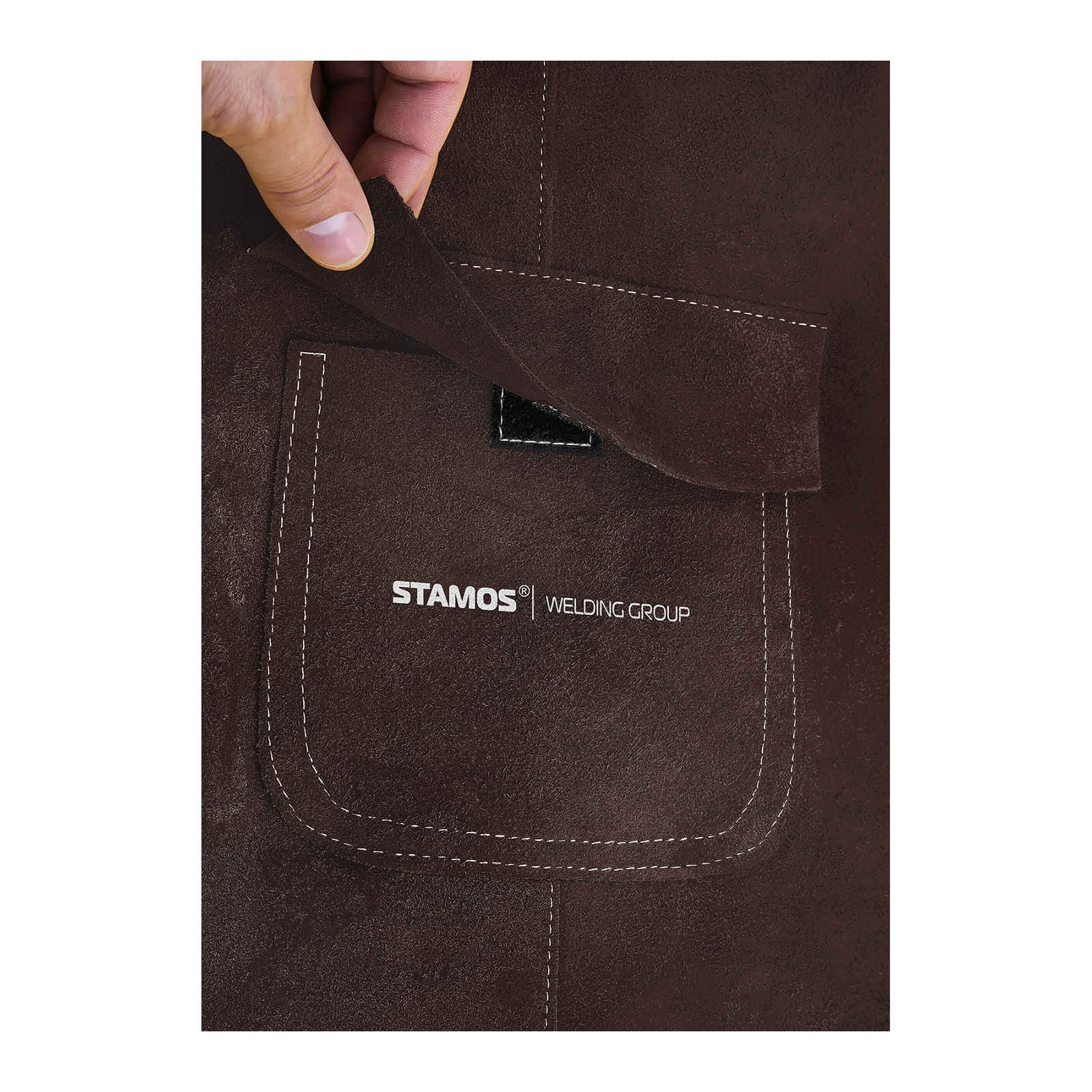 Stamos Welding Group Mandil Para Soldador Delantal De Cuero SWA03L (Costuras resistentes al calor, 91,5 x 58,5 cm, Serraje vacuno, Talla L)