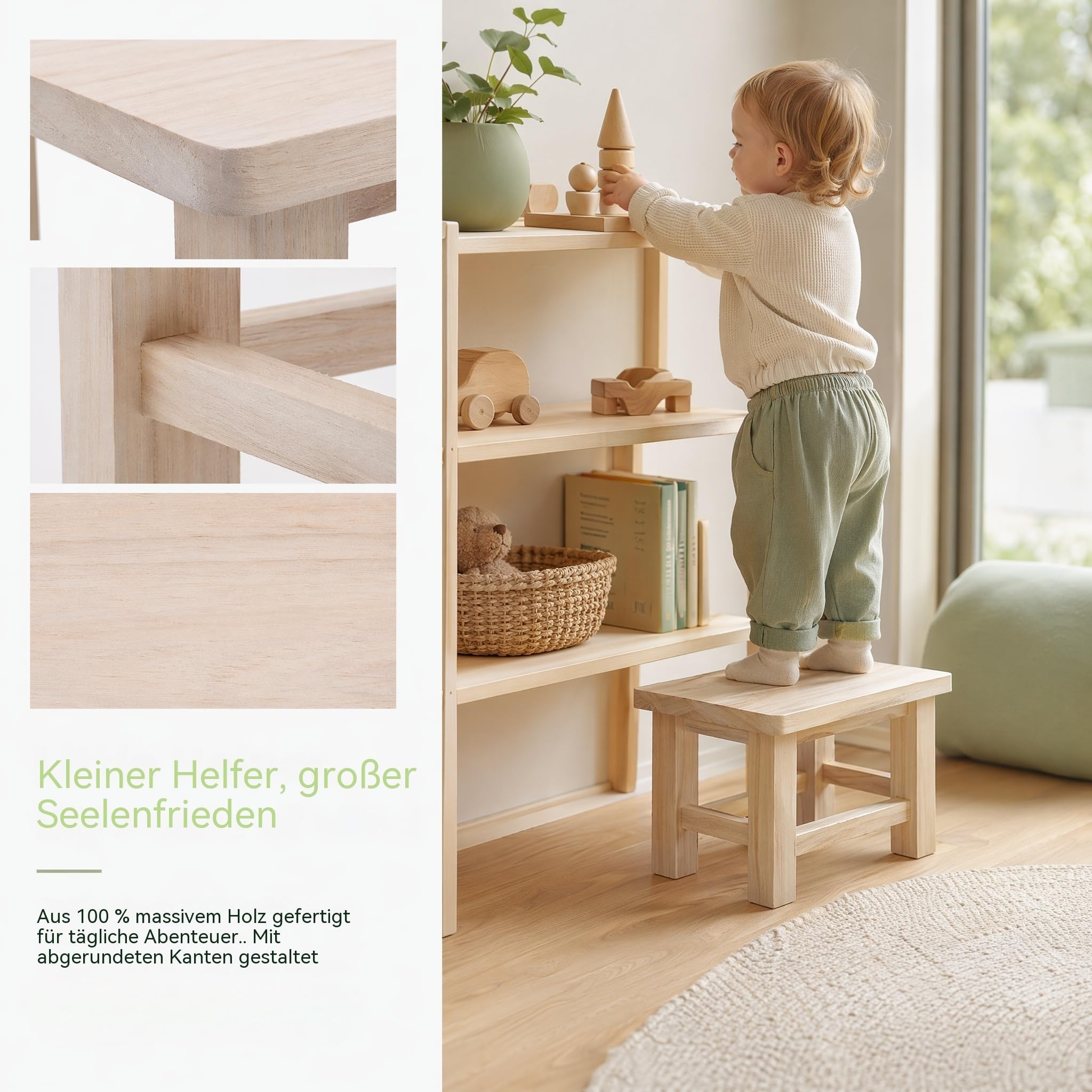 UKCOCO Holzhocker Massivholz 30×20×18 cm – Stabiler Tritthocker für Kinder & Erwachsene zum Händewaschen, Zähneputzen & Schuhwechsel – für Bad, Küche, Flur & als Blumenhocker | Für Bad & Küche, ideal für Kinder zum Zähneputzen, praktisch beim Schuhwechsel