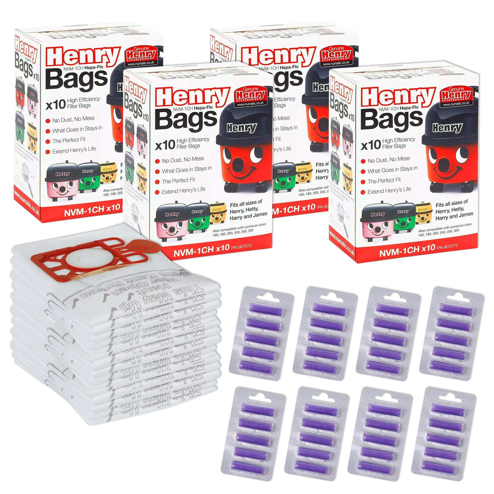 Genuine Hepa-Flo Henry Hoover Bags for Henry Vacuum Cleaner Pack of 40 With 40 Freshener Sticks - Hetty Vacuum Cleaner Bags - Numatic Hoover Bags for Hetty, Harry, James Models