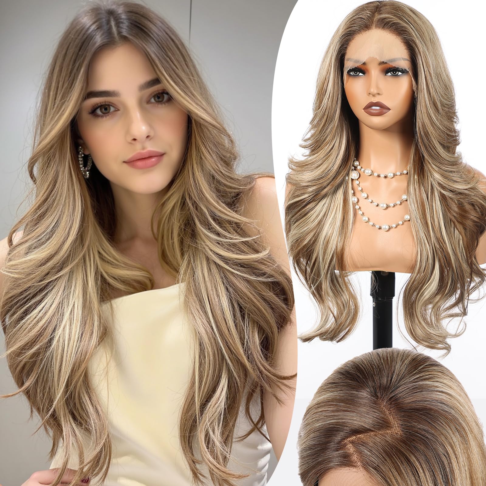 HAIRCUBE 26 Inch Long Wave Synthetic Wig, Ash Blonde Highlight Wig for Woman,13x4 HD Lace Front, Glueless & Layered for Easy Wear and Styling