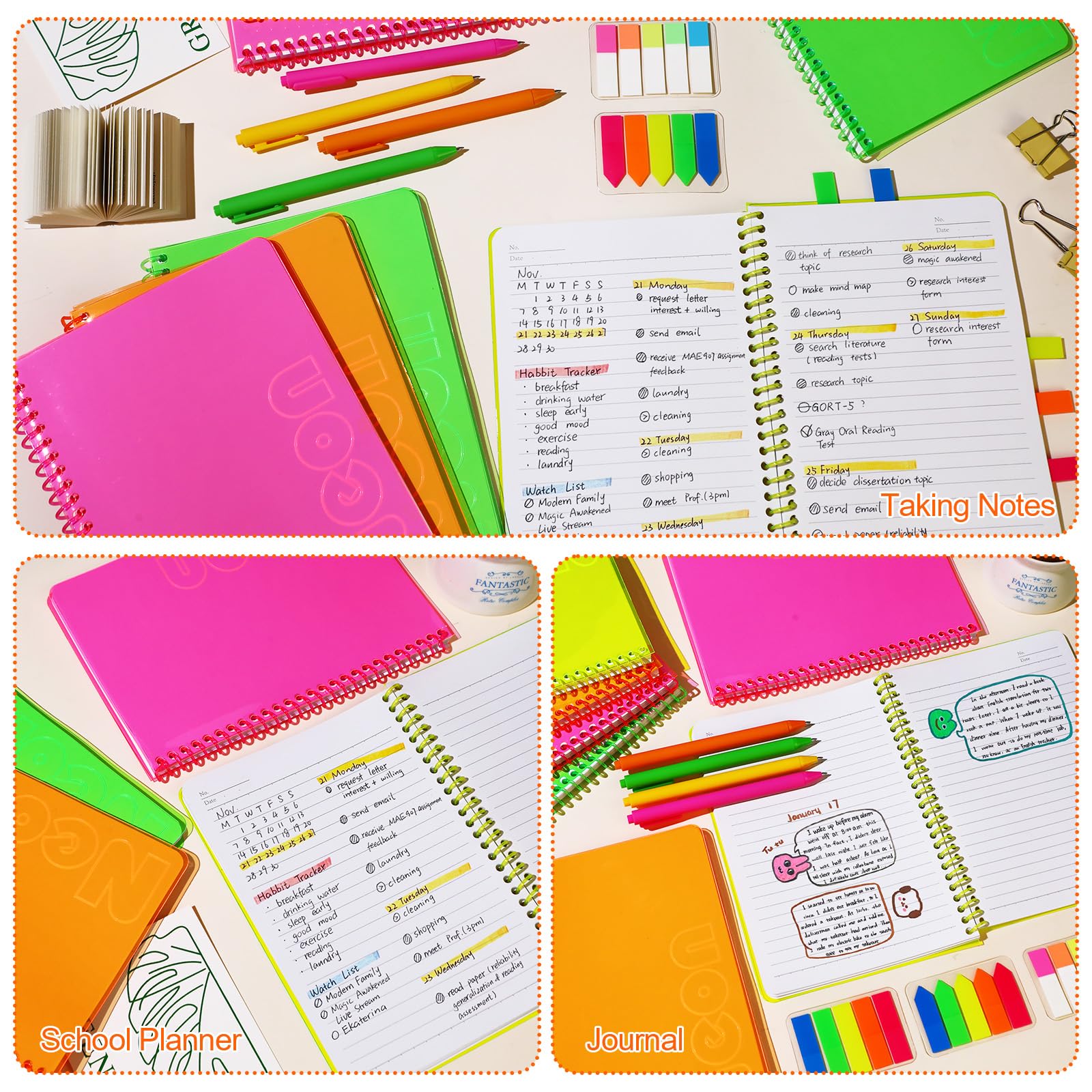 miikoul Confezione da 4 quaderni a spirale A5 fluo, 21,1 x 14 cm, 80 fogli/160 pagine a righe larghe, diari a spirale, con copertina morbida, codificati a colori, per la scuola (4 quaderni) (4