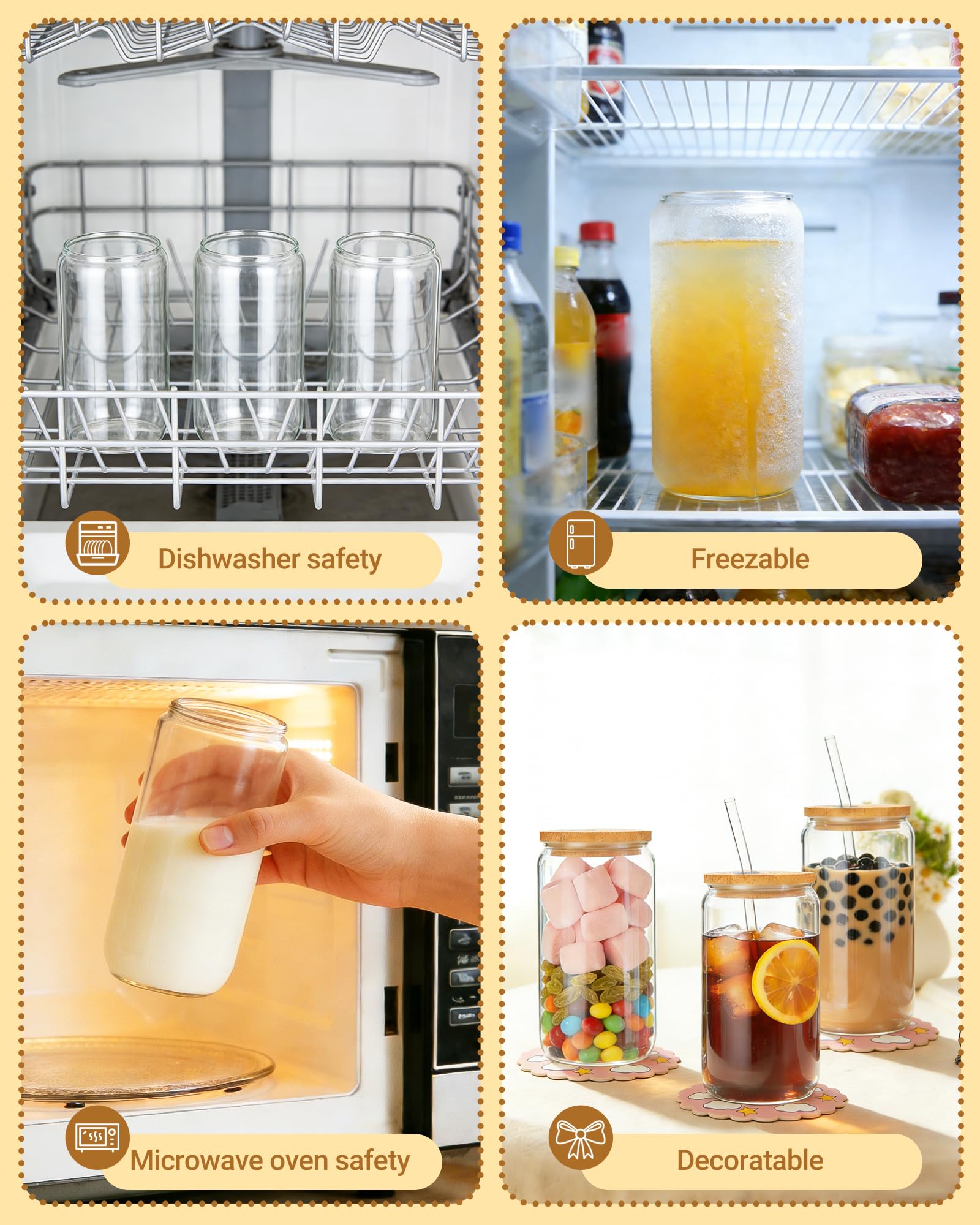 Zestaw 4 szklanek o pojemności 500 ml z pokrywką i słomką, szklanki do wody i matchy, szklanki do napojów z pokrywką, szklanki do mrożonej kawy - szklanki do kawy – Iced Coffee – Matcha i