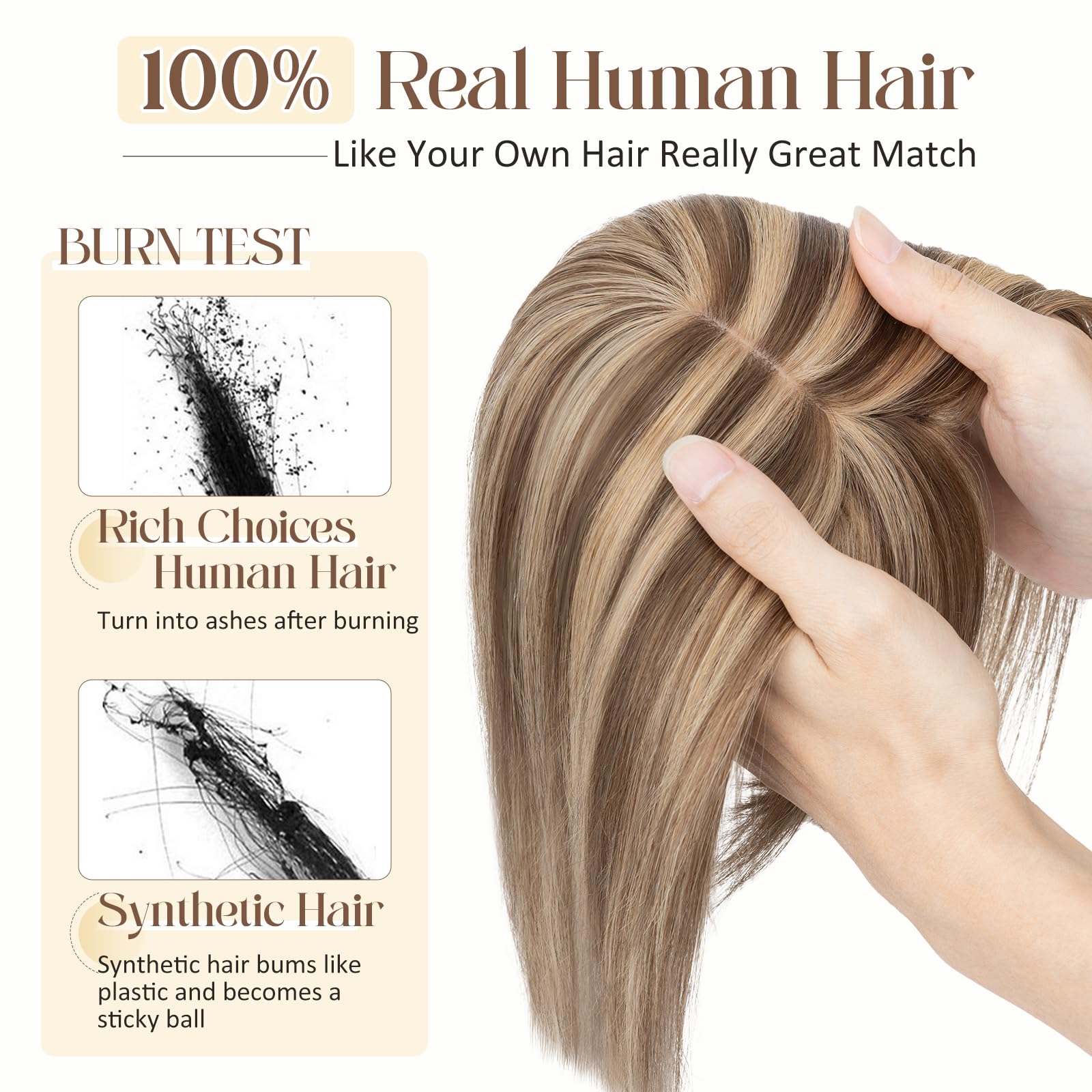 Rich Choices 100% Real Human Hair Topper with Bangs - Real Remy Hair Topper for Women Thinning on Top, 5.1x2.7 Inch Clip In Silk Base Hair Piece 10 Inch #4P27 Medium Brown Highlight Dark Blonde