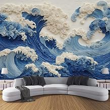 Papier Peint Photo Intissé,Vagues Océaniques,200x140cm Papier Peint Panoramique Texture En Relief De Style Japonais Fresque Murale pour salon et chambre, Décoration Murale