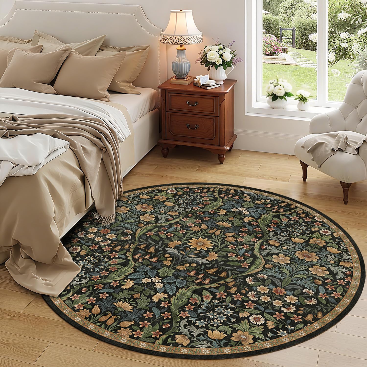 Round Rug 6ft Floral Circle Rug Brown Botanical Indoor Area Rug