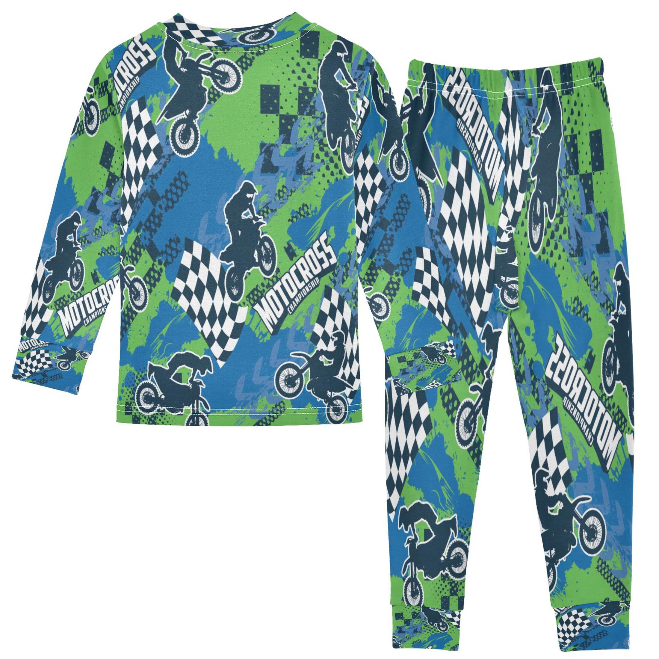 Vozoza Motocross Sport Green Blue Pajama Sets Long Sleeve Top with Pants Cotton Soft Sleepwear 2 Piece Pjs Set Size 3T