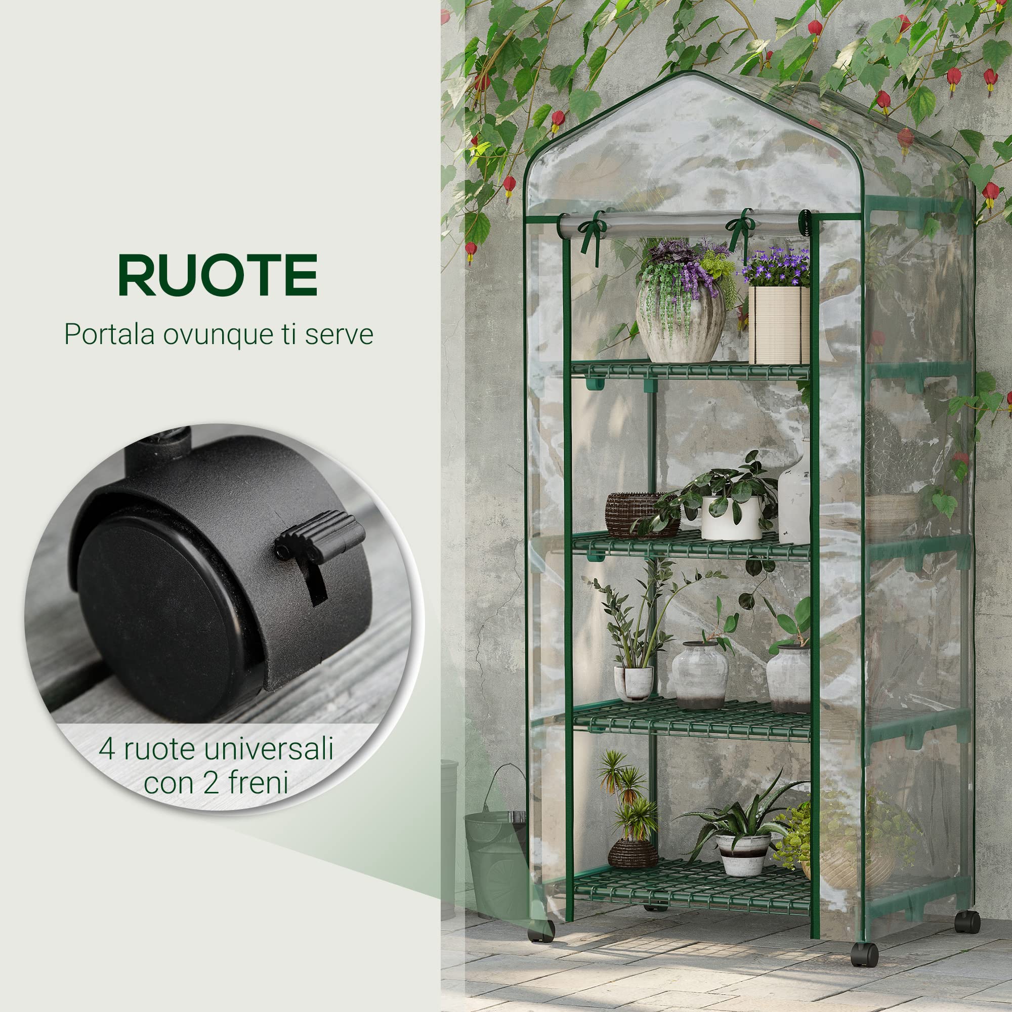 Outsunny Serra da Balcone a 4 Livelli con Porta Avvolgibile e 4 Rotelle, Serra per Orto con Struttura in Acciaio e Copertura PVC, per Orto Verdure Fiori Frutta, 69x50x165 cm, Trasparente