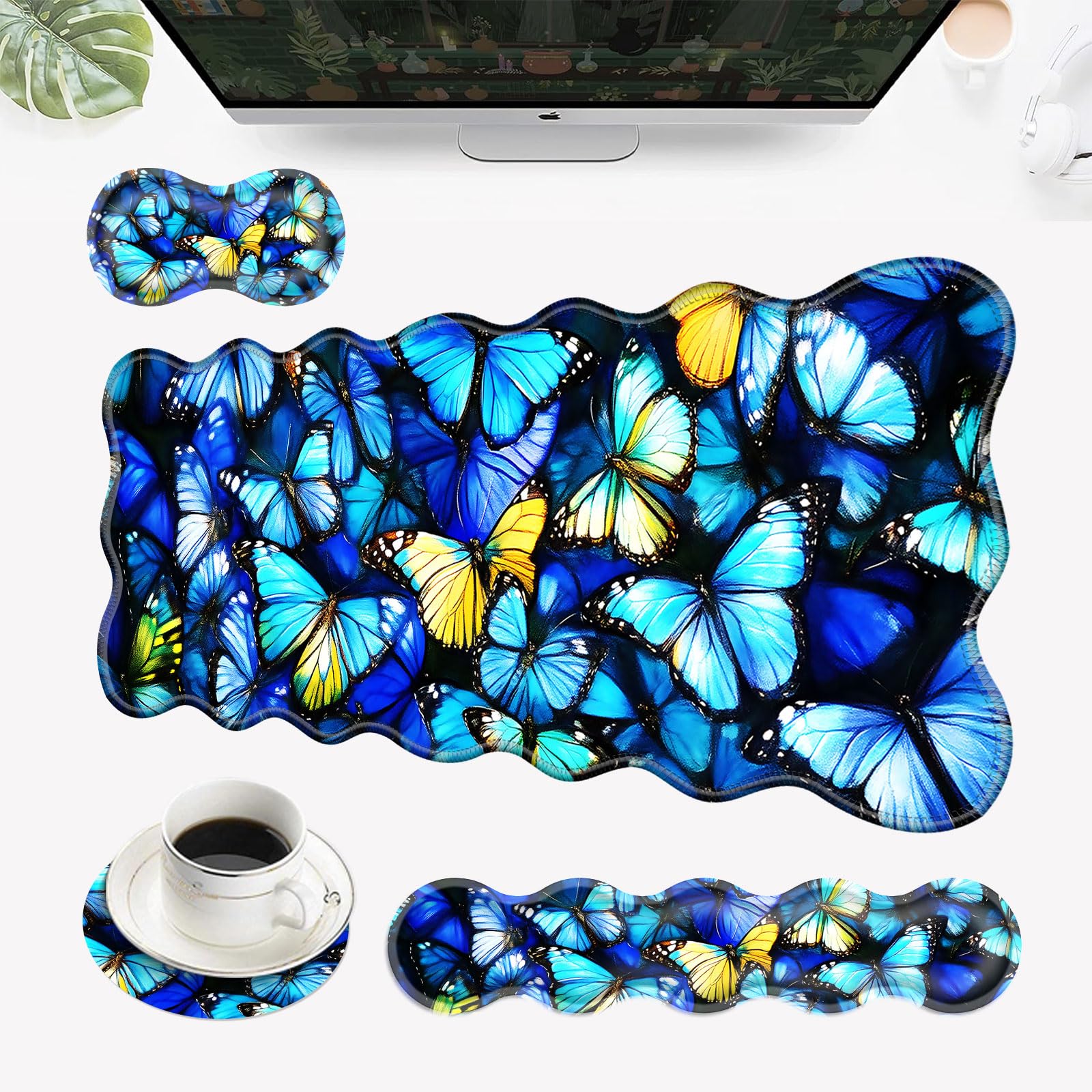 Tapis de souris 4 en 1 avec repose-poignet, tapis de souris ergonomique et repose-poignet pour bureau, motif papillons colorés