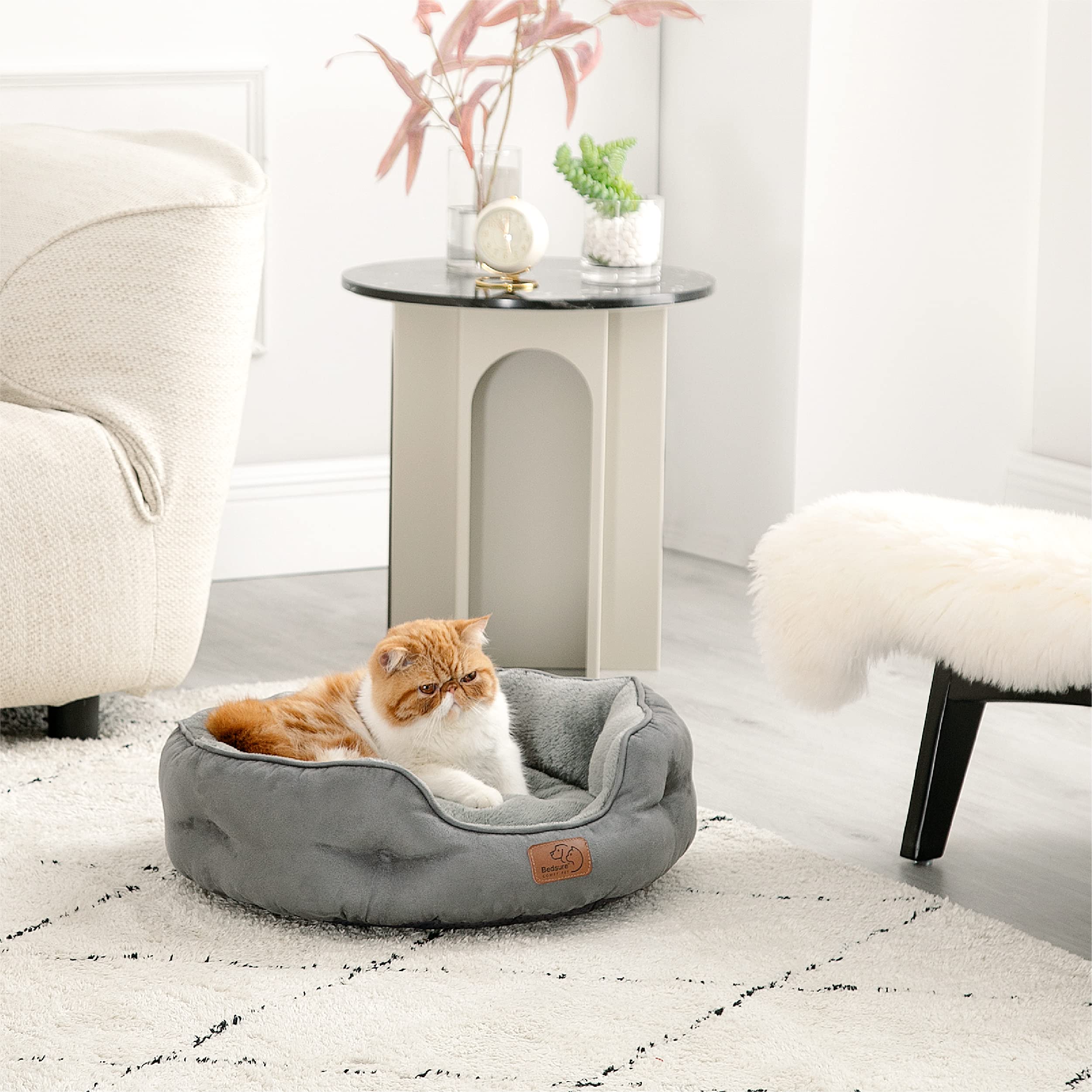 Bedsure Letto per Cani Piccoli Lavabile - Letti Grandi per Gatti da Interno e Cuccioli, Letto Rotondo per Cani di Media Taglia con Fondo Antiscivolo, grigio, 51 x 48 x 15cm