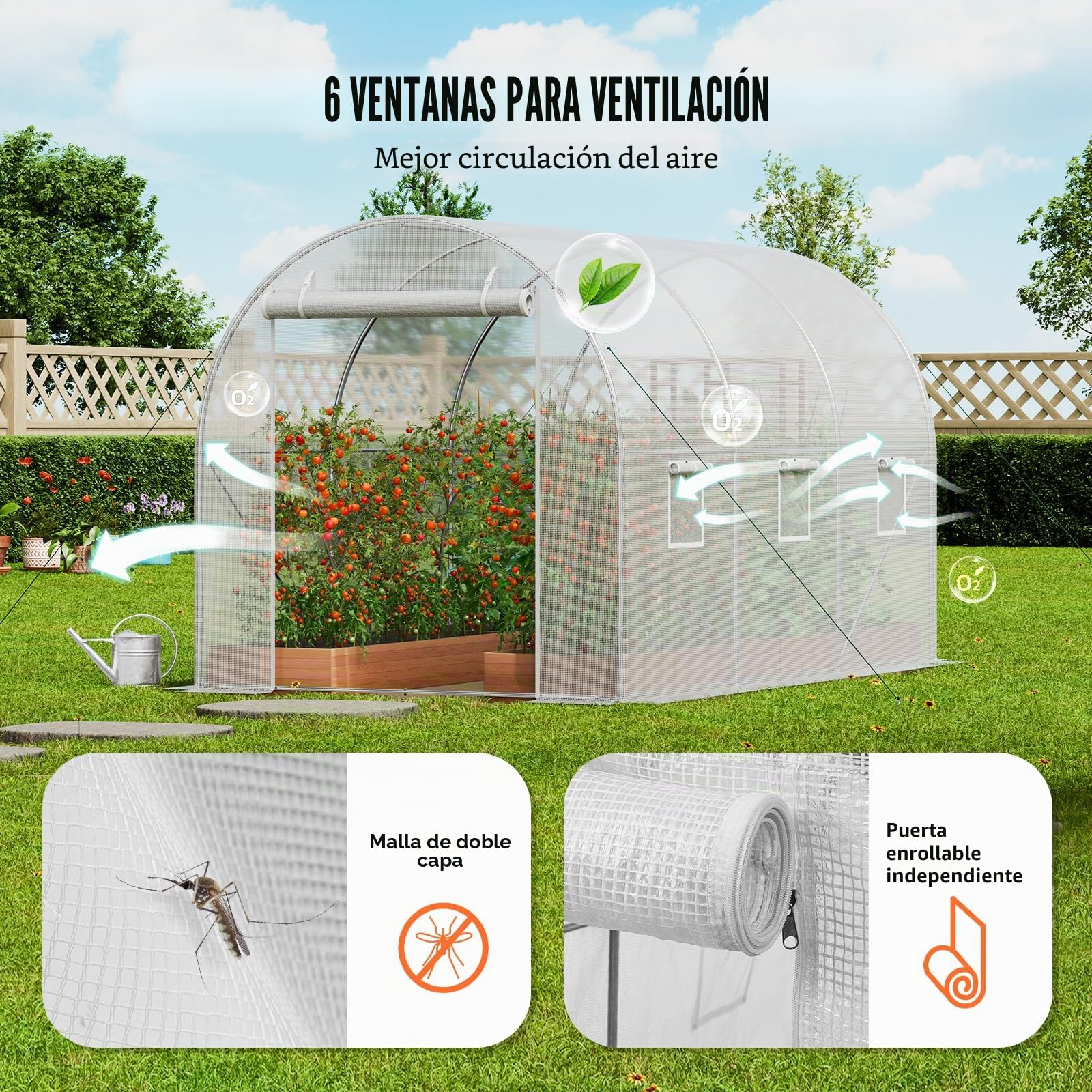 VEVOR Invernadero Túnel 292x196x190 cm Carpa Refugio para Plantas Estructura de Acero Galvanizado Cubierta de PE Puerta Enrollable con Cremallera 6 Ventanas para Cultivo de Verduras Flores, Blanco