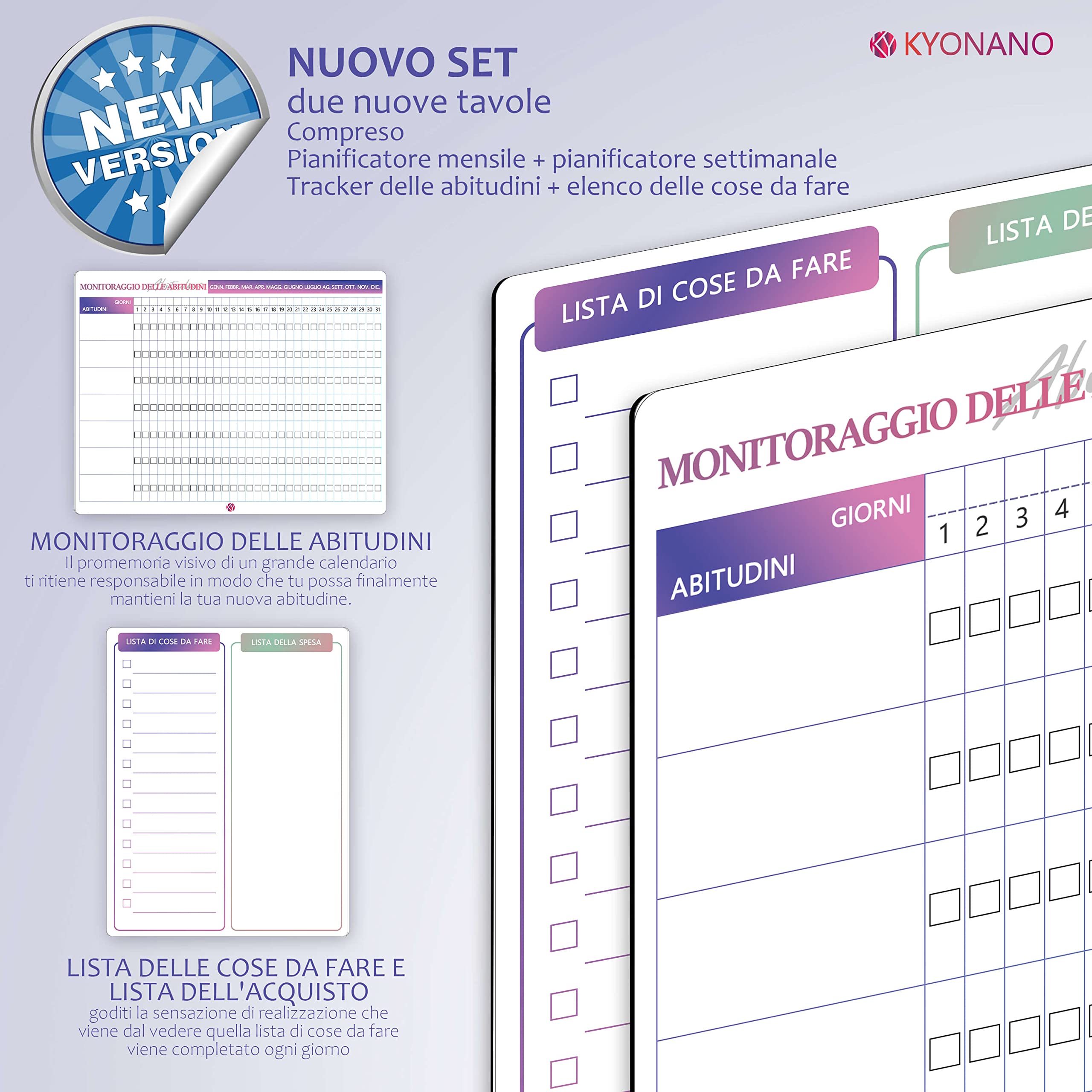 KYONANO Lavagna Calendario Magnetica frigo, incluso Pianificazione la Settimanale&Mensile+Lista delle cose da fare+tracciatore di abitudini, Lavagna Bianca Calendario cancellabile 4 Set - in Italiano