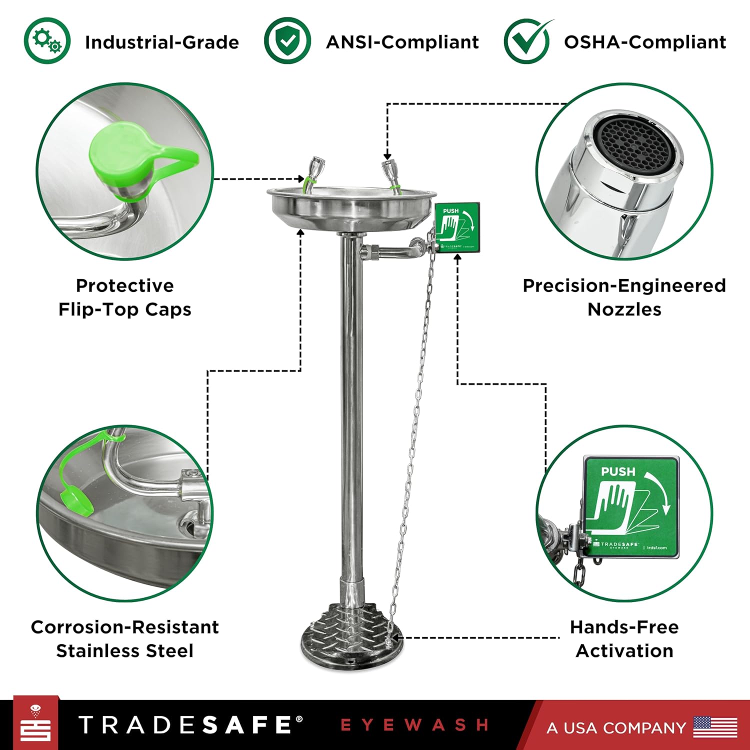 TRADESAFE Eye Wash Station OSHA Approved - Pedestal Mounted Emergency Eye Wash Station, Stainless Steel Eyewash Station Floor Mount, Aluminum Eye Wash Station Sign Included