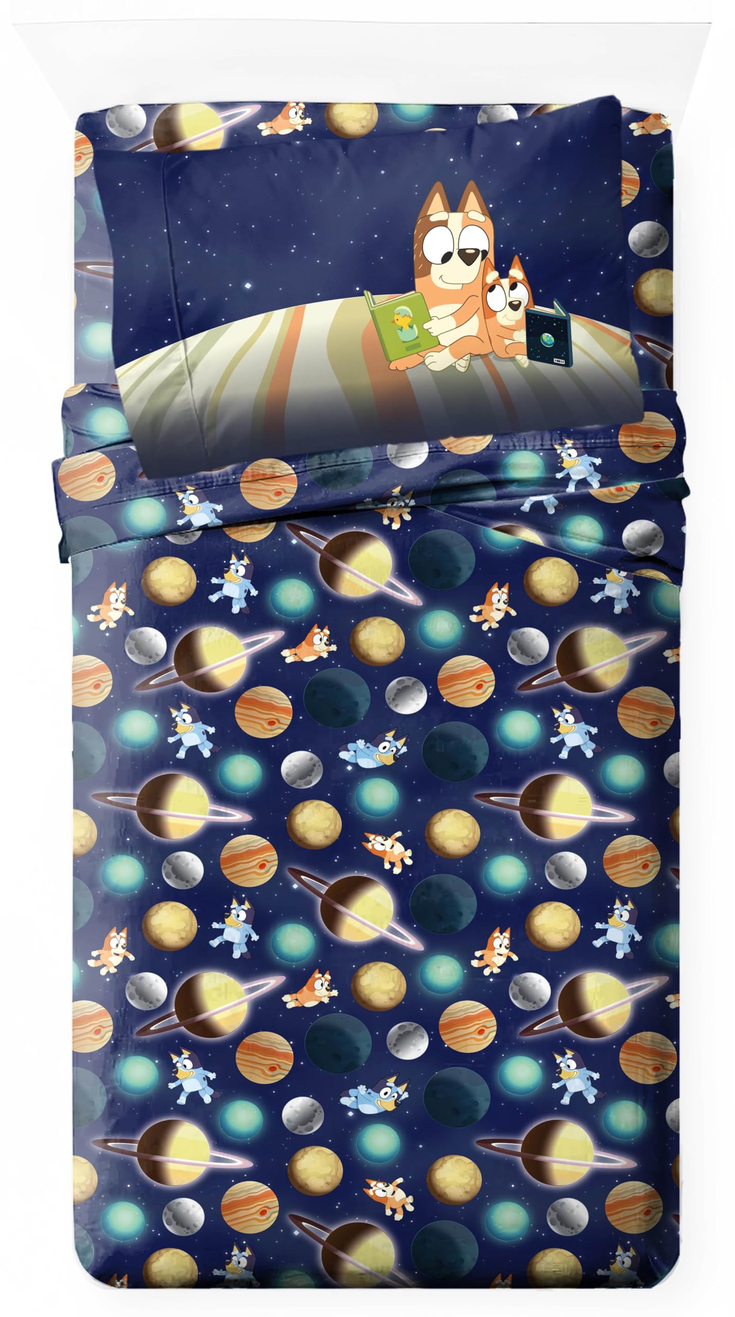Jay Franco Kids Sheet Set with Fitted, Flat Sheets & Pillow Cover - Ultra-Soft Bedding with Pillowcase for Room Decor, Blue - Bluey & Bingo, 3 Piece Toddler
