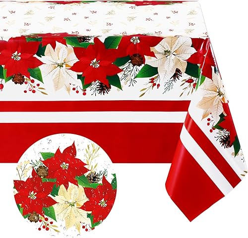 Juego de manteles de plástico de 3 piezas, patrón de flor de pascua, rojo, rectangular y ovalado, desechable, resistente a las manchas para