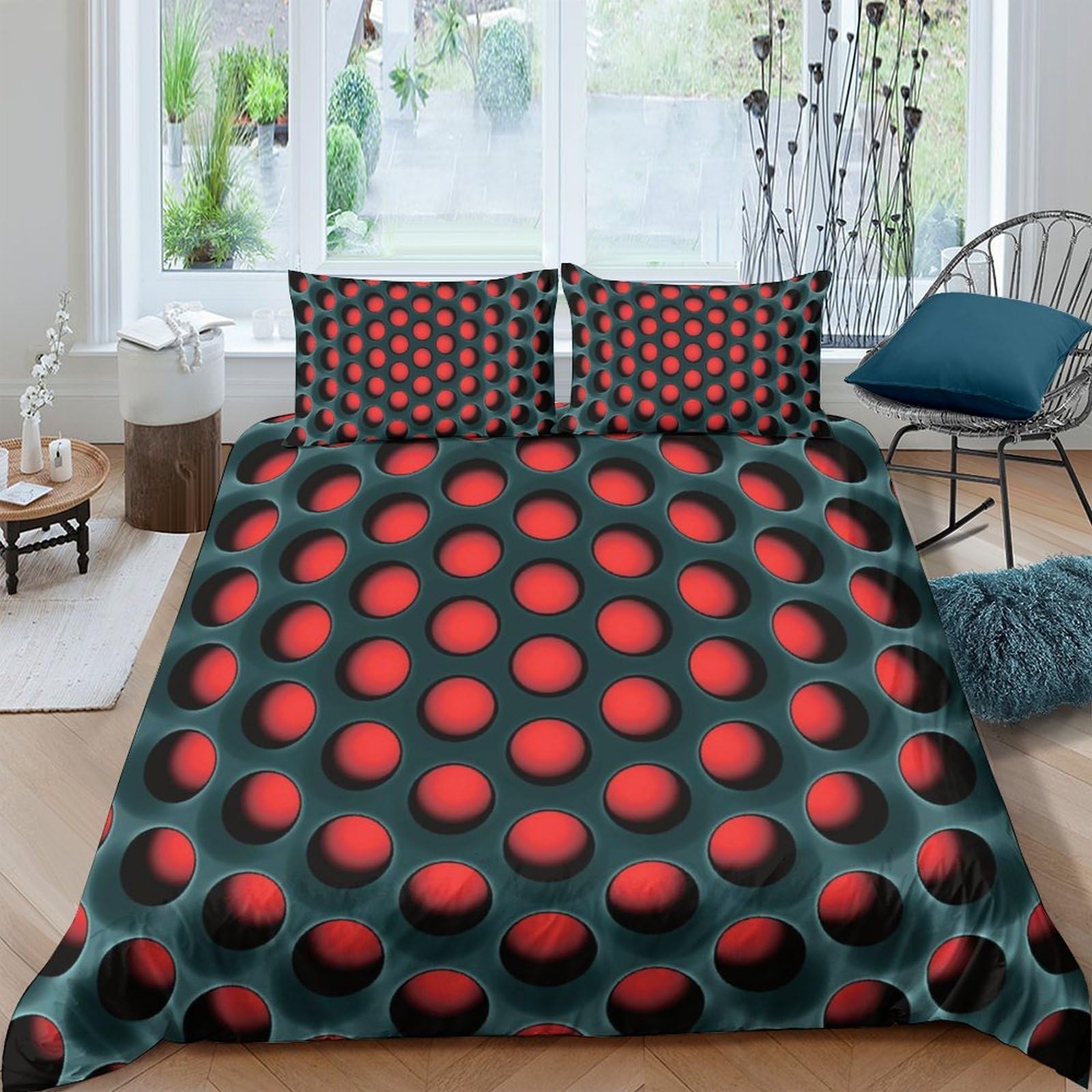 GPLZQXKJNH 3D Printed Red Dot Pattern Duvet Cover Set Microfiber Soft Breathable Bubble Bedding Set with 2 Pillowcases for Bedroom Decor Single（135x200cm）