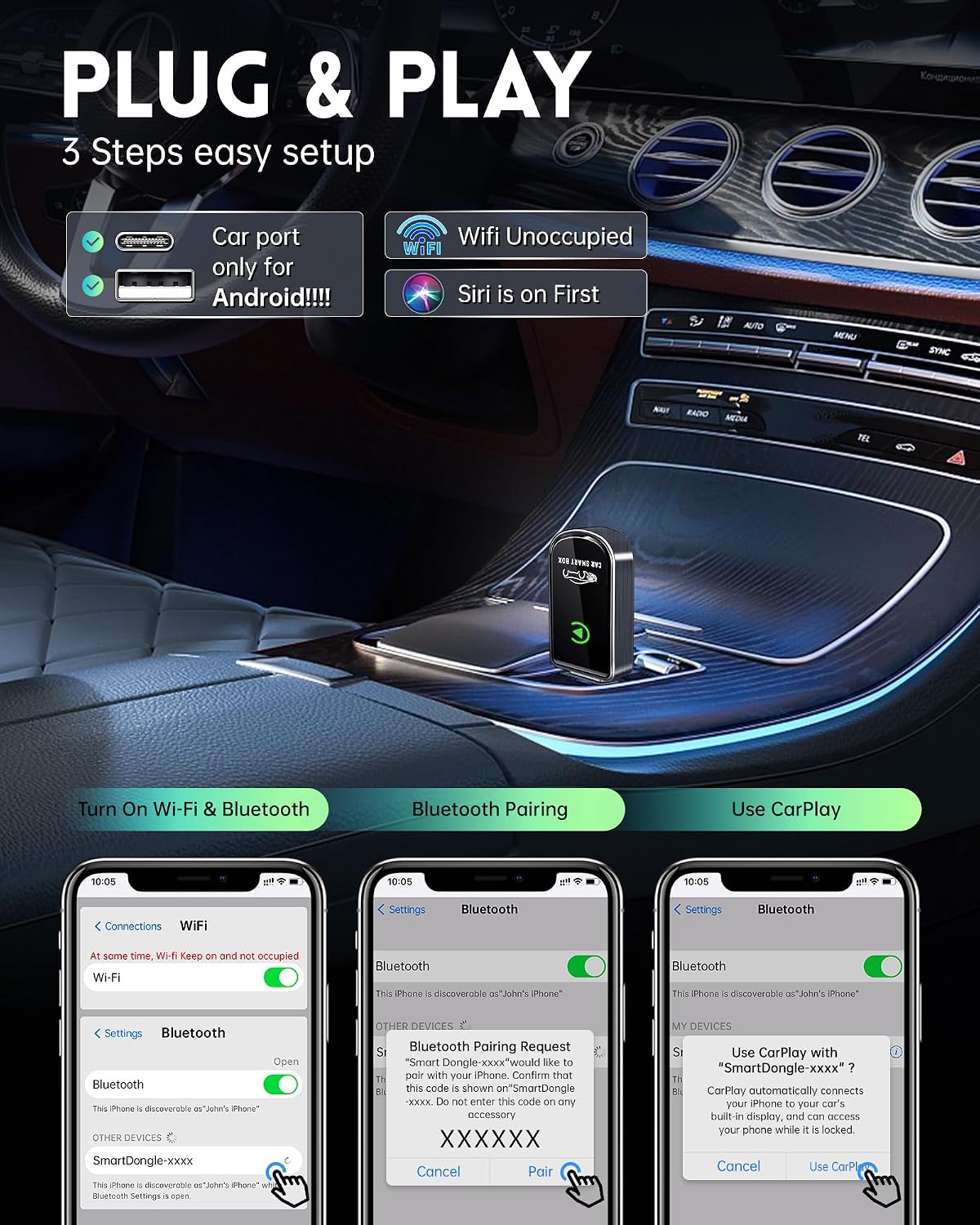 Amzfeel Wireless Carplay Adapter for Apple iPhone, Mini Bluetooth Dongle Convert Factory Wired to Wireless Car Play Plug & Play Auto Connect, Low Latency, GPS for iOS 10+ & Cars 2015+ (Brushed Gery)