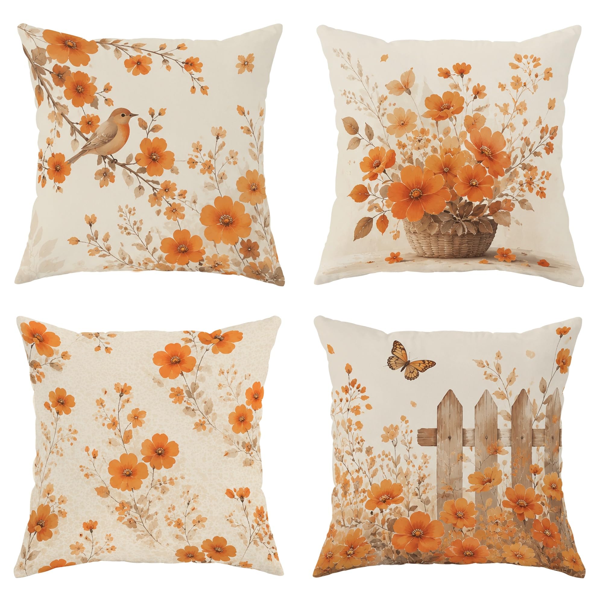 Housse de coussin fleur orange 56x56 cm en lot de 4 pour canapé et lit