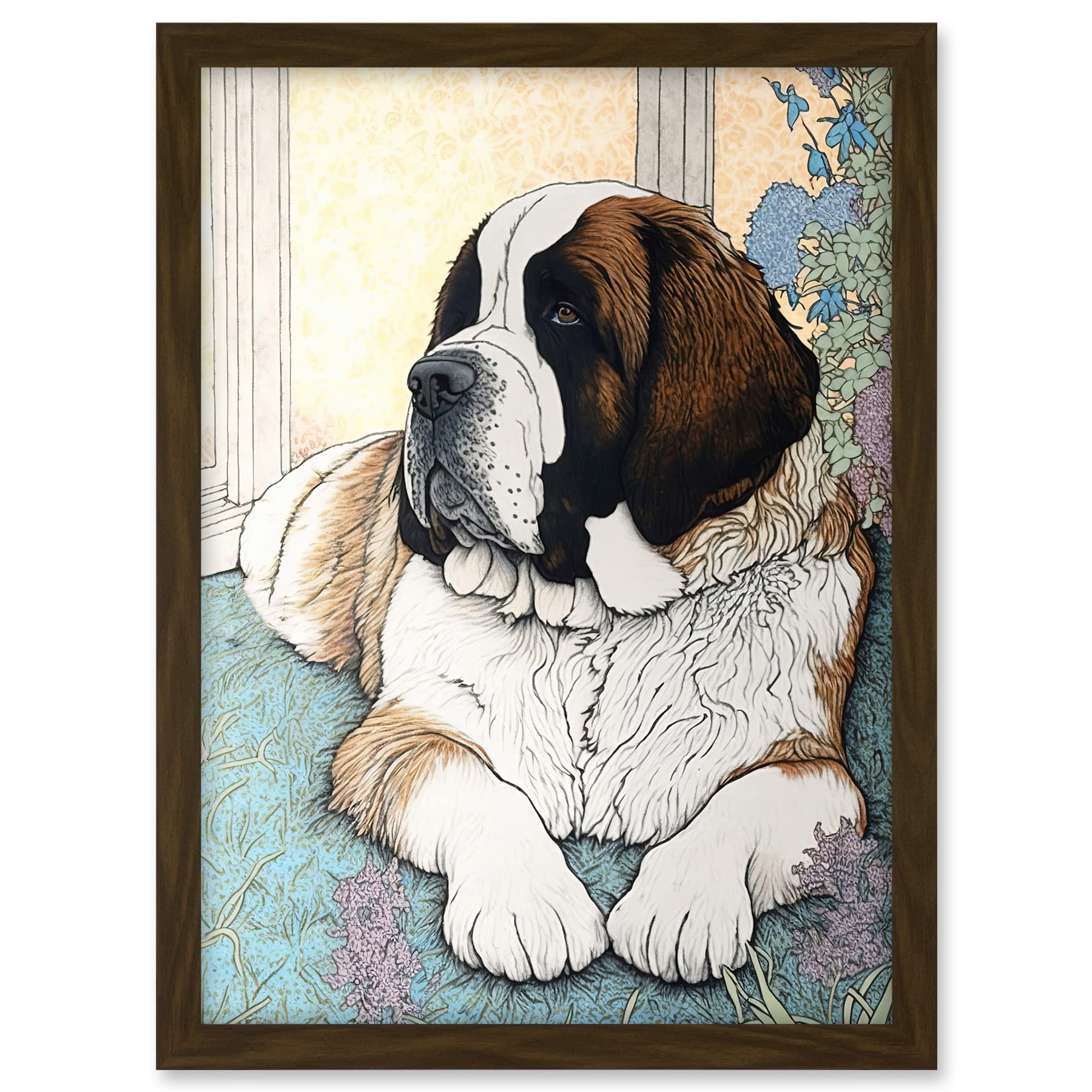 Artery8 St Bernard Dog Lying by Flower Pot Modern Bright Multicoloured Illustration Artwork Framed A3 Wall Art Print