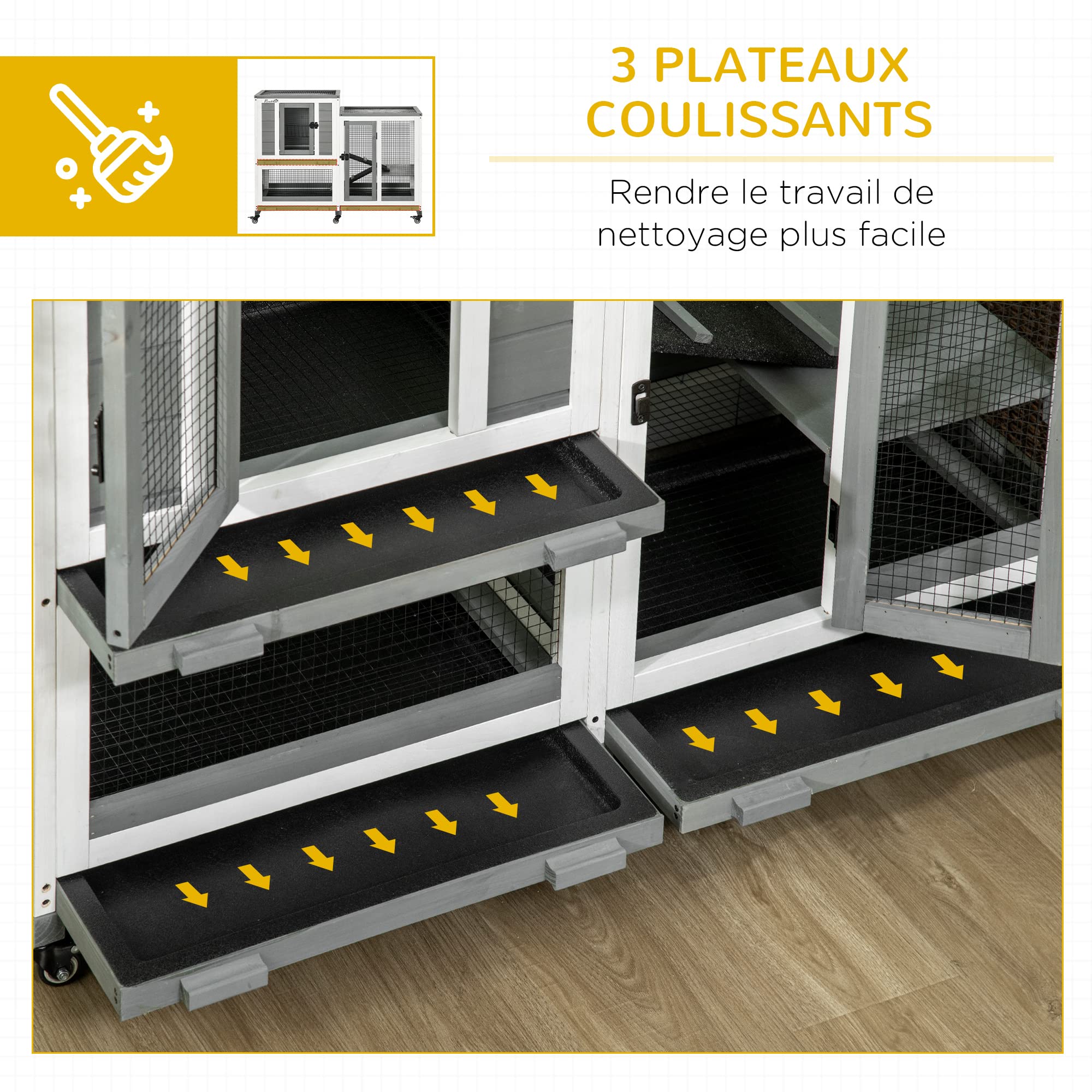 PawHut Conigliera in legno per interni con rotelle 3 livelli rampe 2 porte chiuse a chiave - dim. 110L x 50W x 86H cm - grigio e bianco