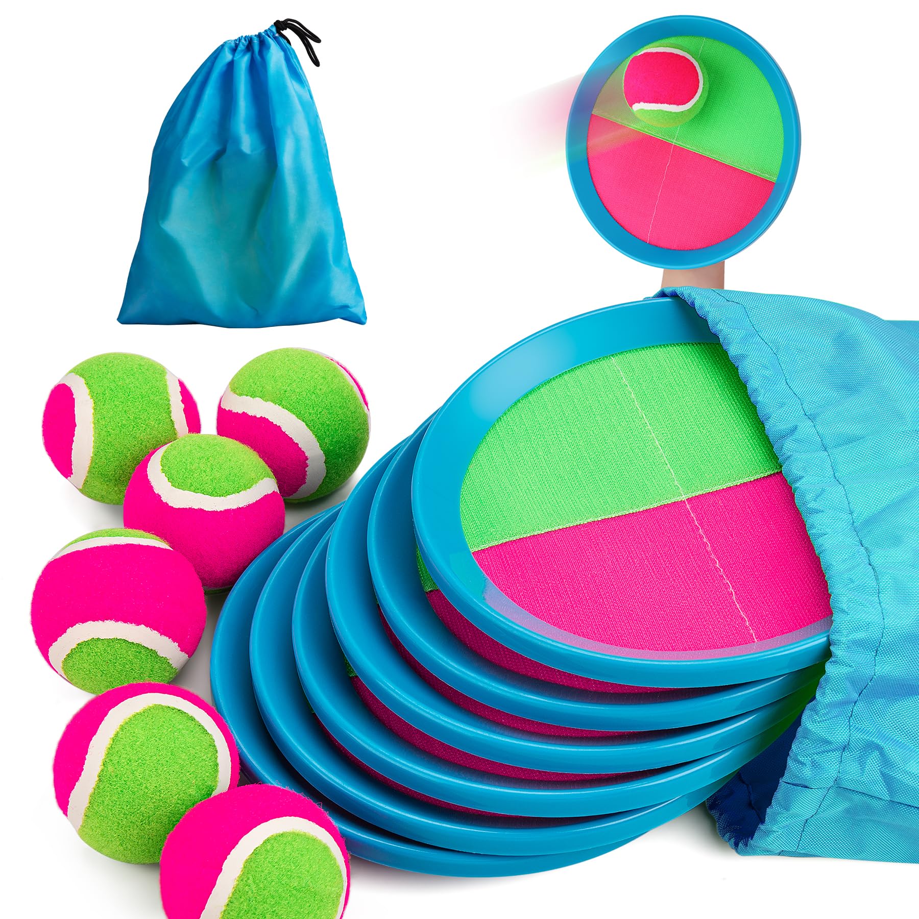 INPODAK Catch Balls Racket Set Waterproof Ball and Throwing Game Toys Outdoor Indoor Garden Beach Pool for Children 3-12 Years Old Set of 6 Balls 6 Paddles with 1 Bag