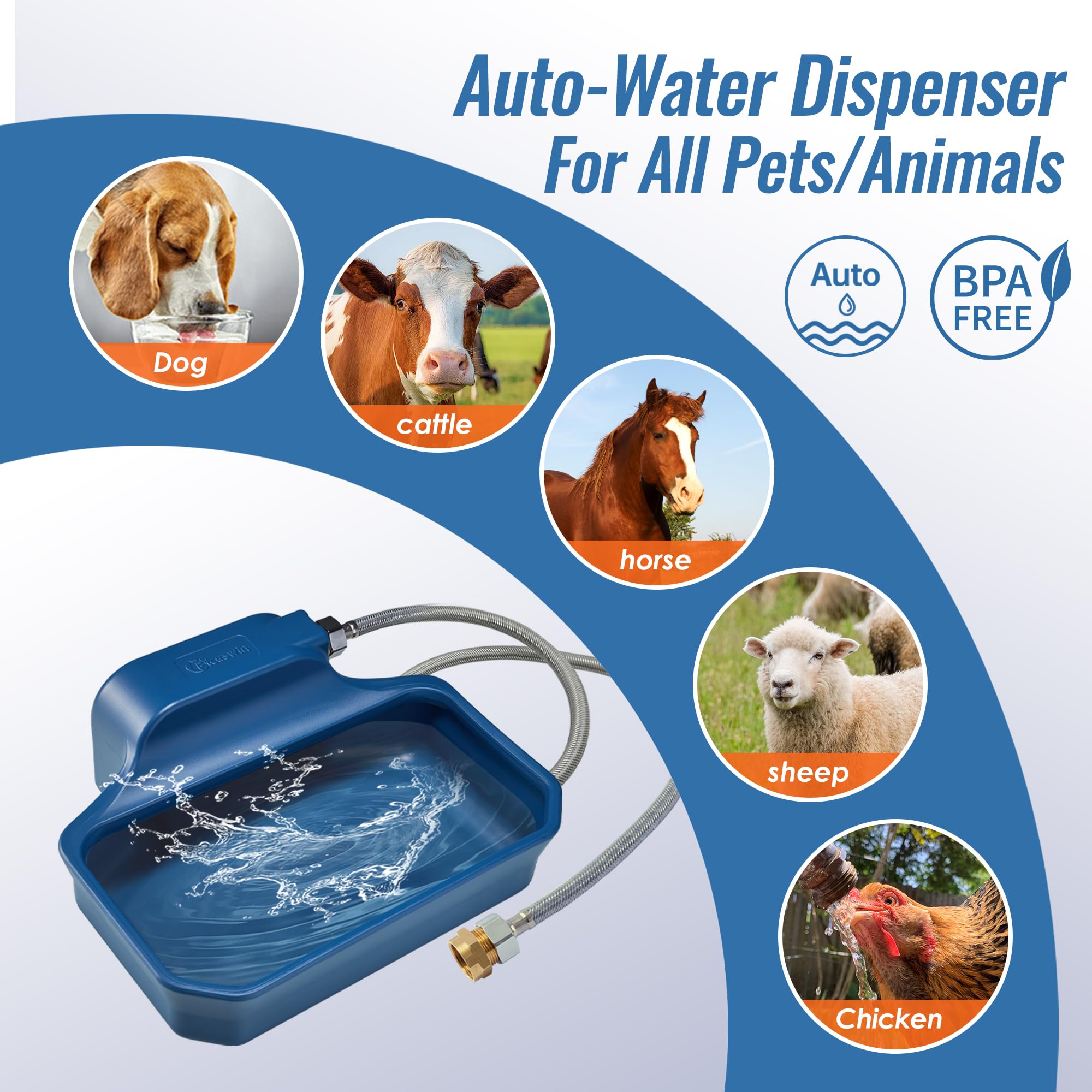 PETIMI Dispensador automático de agua para perros/gatos, dispensador de cuenco de agua de llenado automático de 1 galón para interiores y exteriores, comedero de agua grande para mascotas/ganado, sin