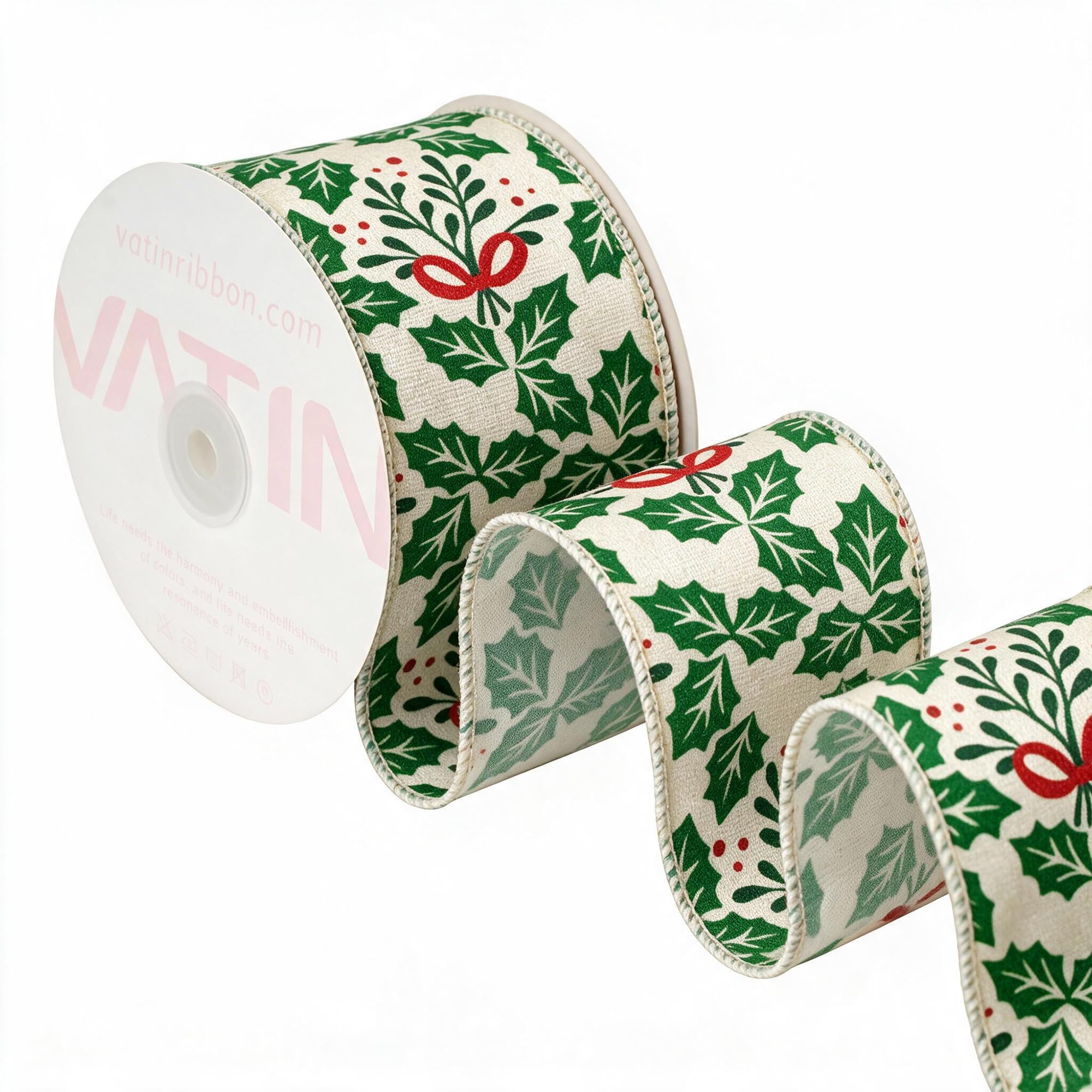 VATIN Ivory Holly & Red Bow Christmas Wired Ribbon, 65 MM x 9 M — image 1