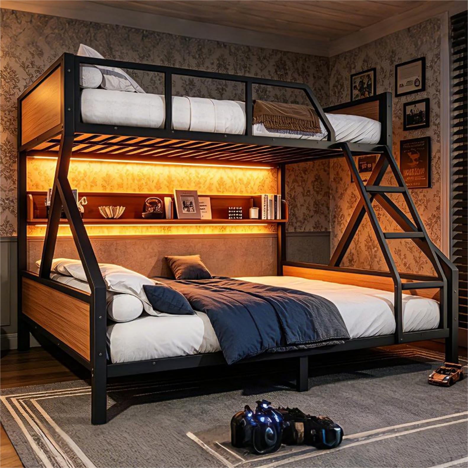Photo 1 of Bellemave Queen Over King Bunk Bed with Storage Shelf & LED Lights, Heavy Duty Metal Bunk Bed Frame with Guardrails & Ladder, No Box Spring Needed, Black