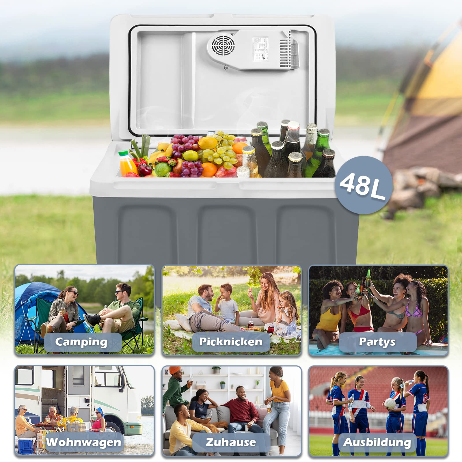 UISEBRT 48 Liter Kühlbox mit Rollen Tragbare Mini-Kühlschrank 12V 220V Thermo-Elektrisch Kühl- und Warmhaltefunktion ECO-Modus für Auto Boot Camping Grau