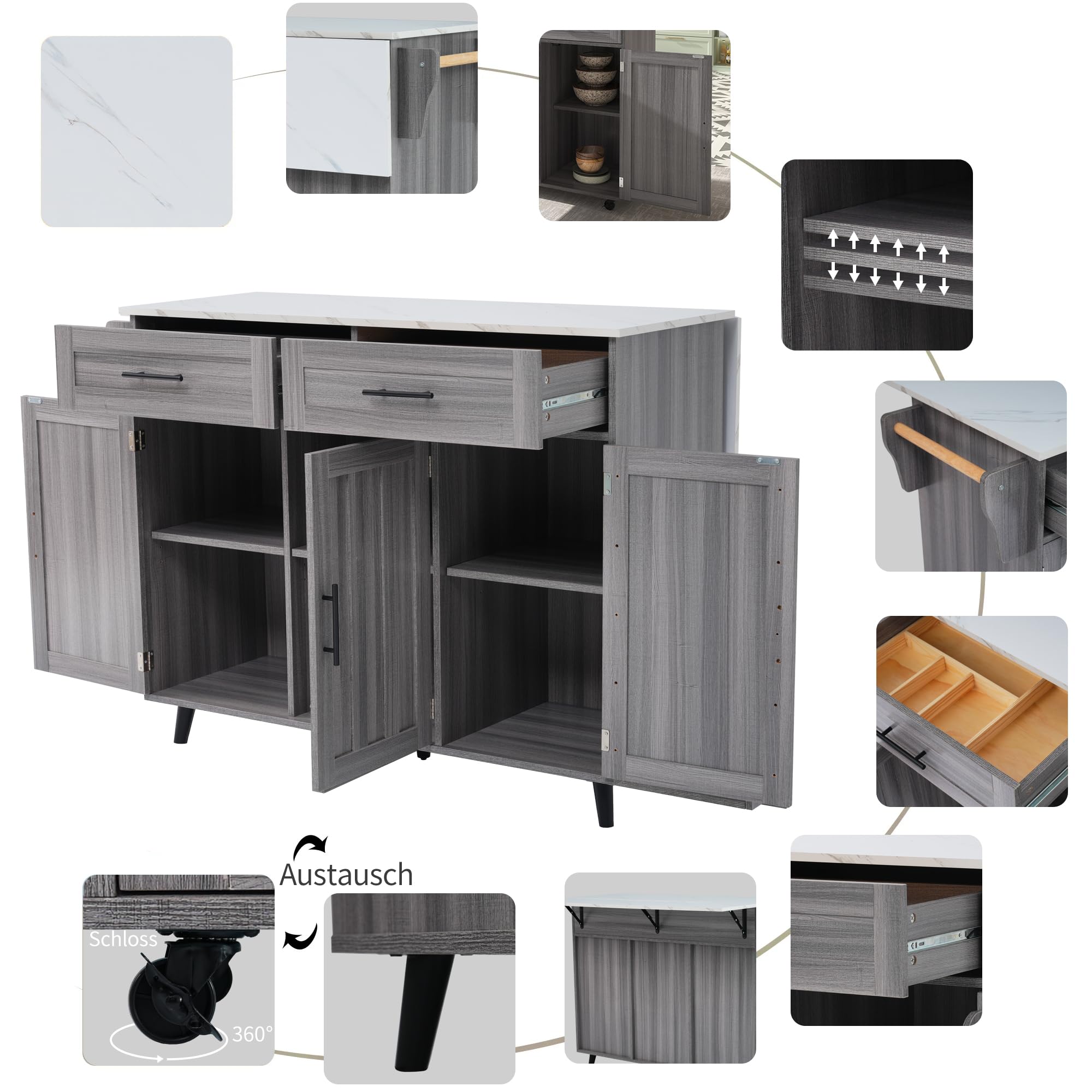 Carrello da pranzo con piano pieghevole, isola da cucina su 5 ruote, spazio di archiviazione con armadi e 2 cassetti, bianco e grigio cachi, 129 x 71 x 91,5 cm