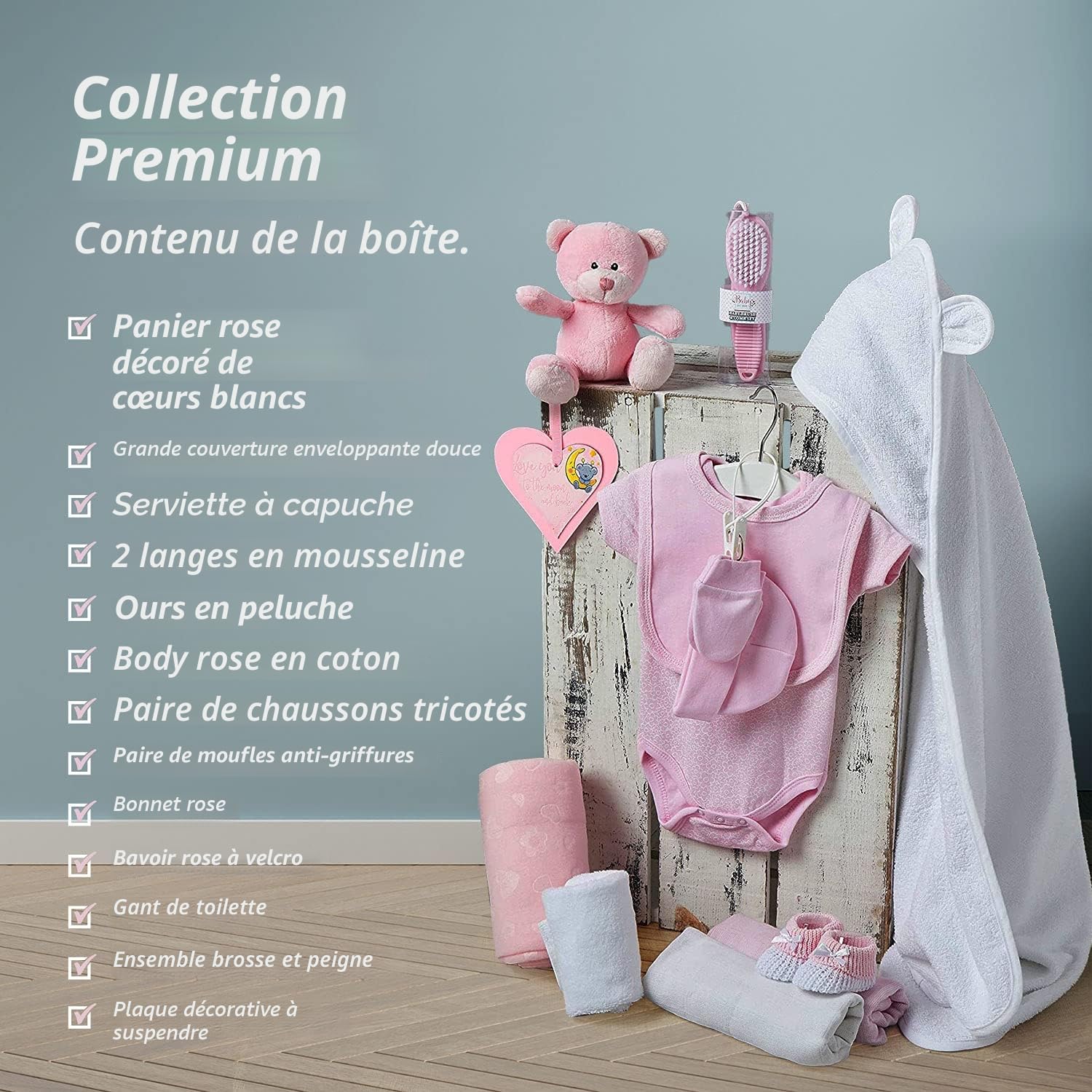 Baby Box Shop Coffret Naissance Rose pour Bébés Filles – Kit de Naissance avec Vêtements Bébé Fille, Lange en Polaire, Serviette avec Capuche 2 Étoffes en Mousseline et Un Adorable Ourson en Peluche