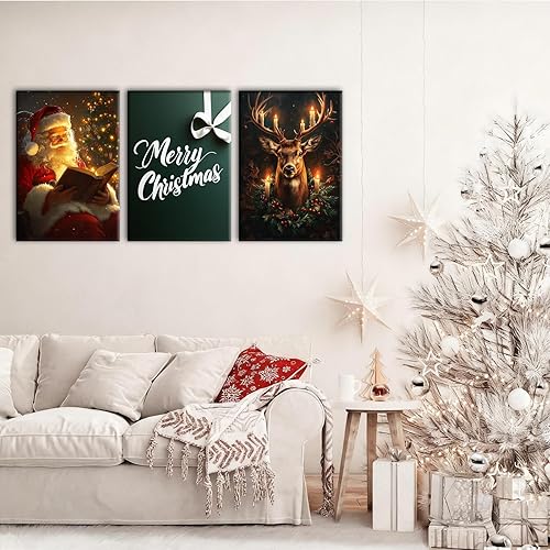 Miniatura 2 de Pennimor Lienzo decorativo para pared de Navidad, juego de 3 impresiones enmarcadas de renos de Papá Noel de 12 x 16 pulgadas, póster rústico de