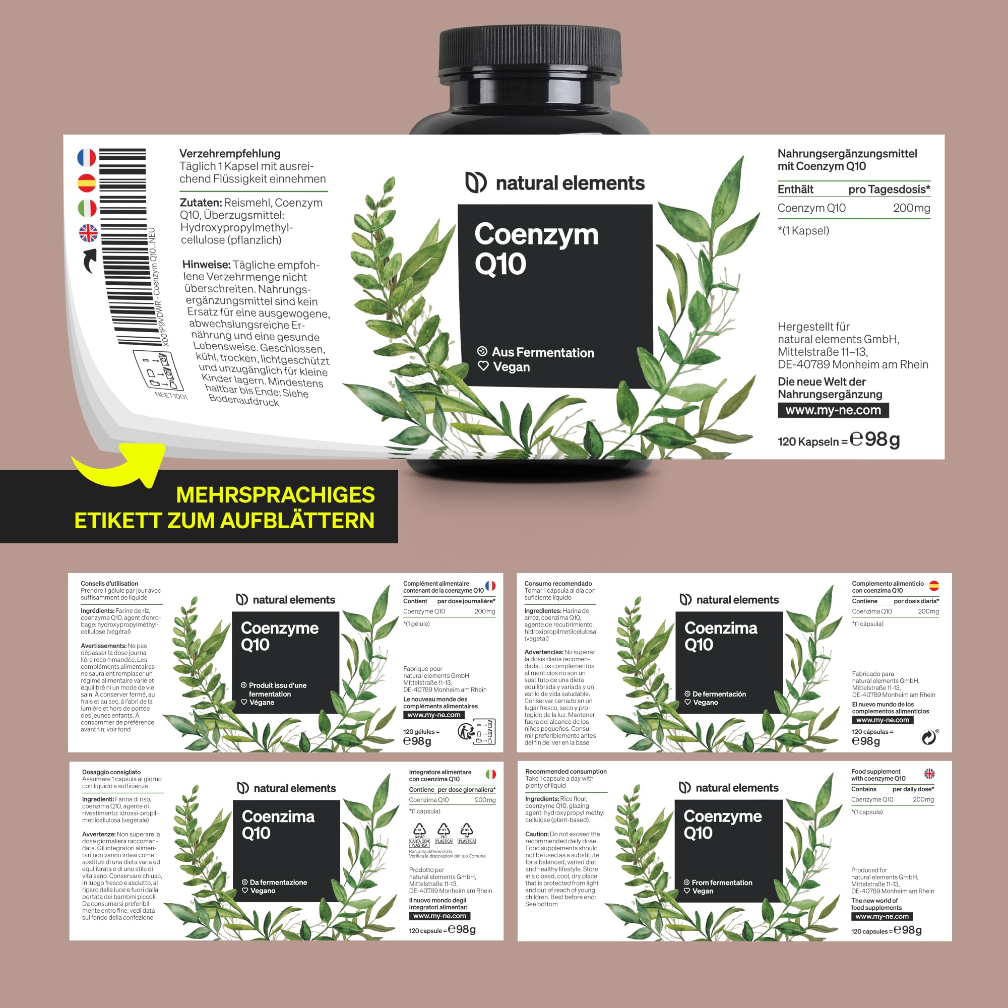 natural elements Coenzym Q10 – 200mg pro Kapsel – 120 vegane Kapseln – 4 Monate Reichweite – hochwertiges Q10 – hochdosiert, in Deutschland produziert & laborgeprüft