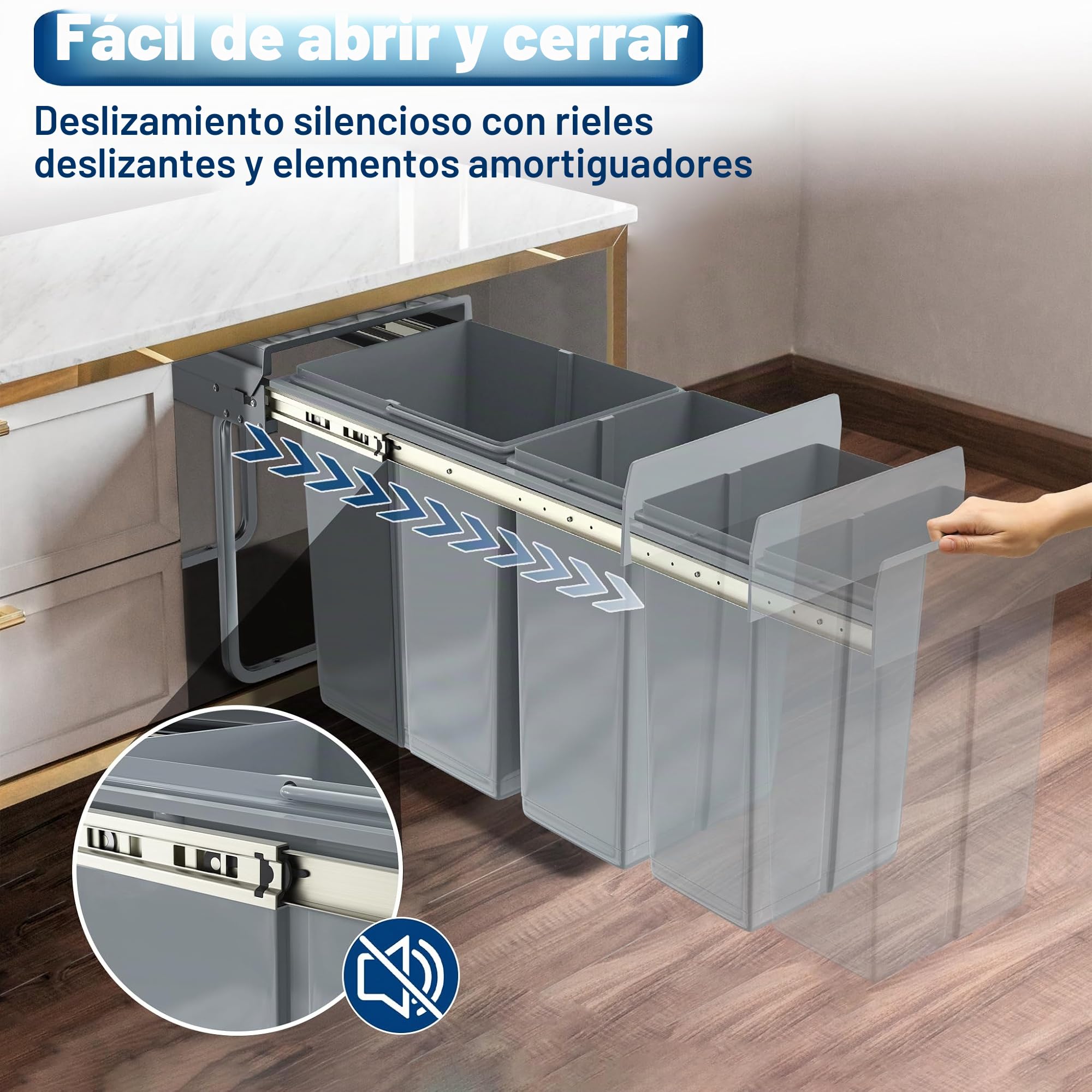 Froadp Basurero de Cocina Integrado, Cubo de Basura Extensible, 2 Compartimentos, Sistema de Separación de Basura, Salida Completa con Guías Telescópicas 48 x 26 x 41,8 cm - 1x20L+1X10L