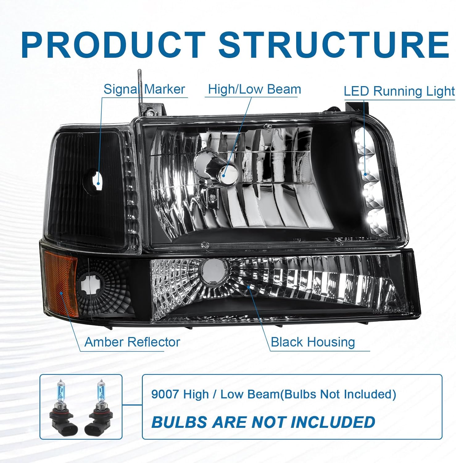 Pair Headlights for 1992-1996 Ford F150 F250 F350 Bronco Replacements w/LED Running Light Bar Amber Reflector Black Housing