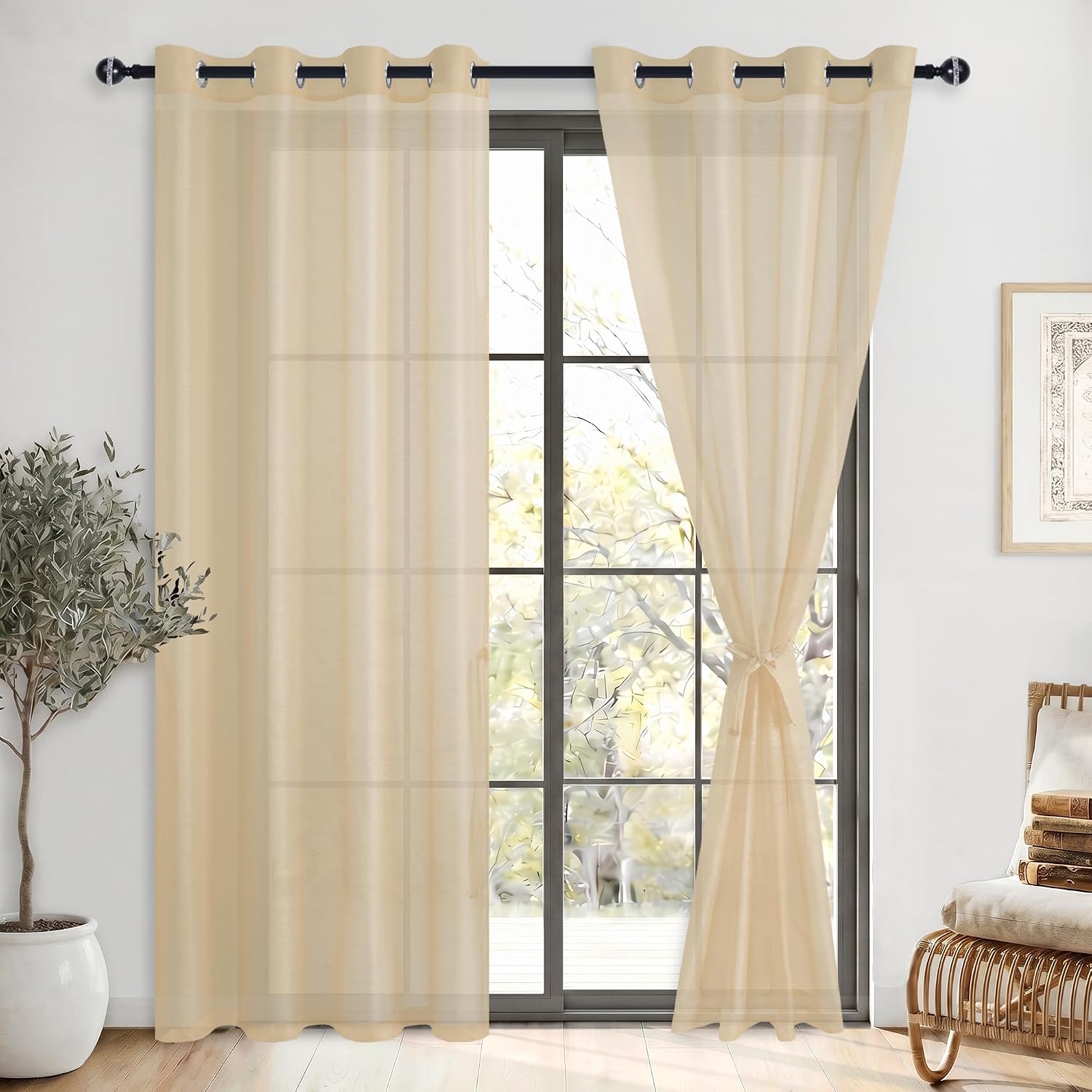 DWCN Zestaw 2 zasłon Sheer Voile z oczkami, przezroczyste zasłony do sypialni, pokoju dziecięcego, salonu, Beżowe, 225x140cm(WxD)