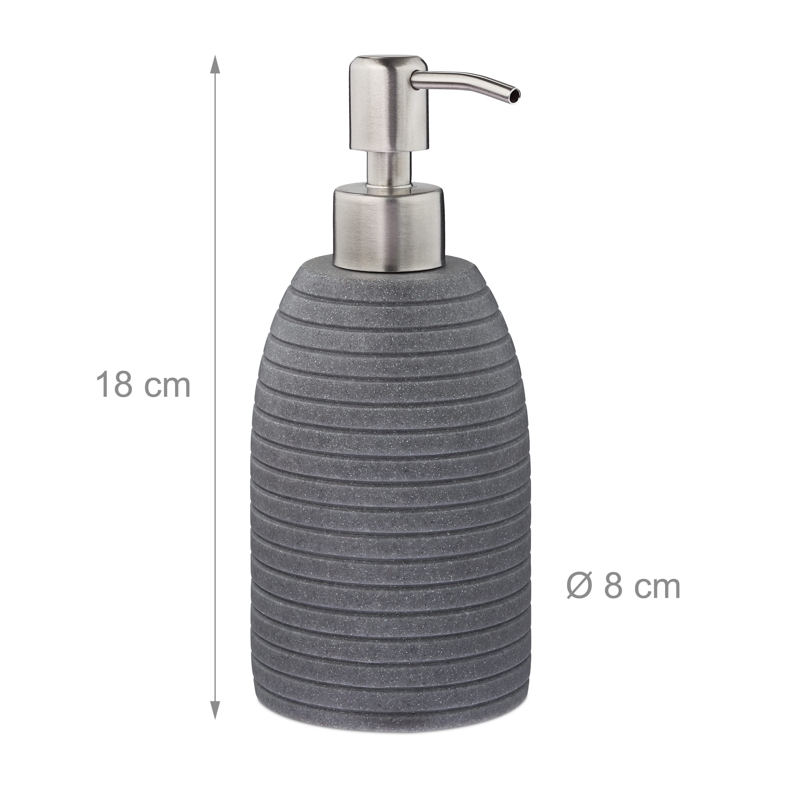 Relaxdays Dozownik mydła, 300 ml, do wielokrotnego napełniania, łazienka, WC, kuchnia, dozownik mydła w płynie, żywica poliestrowa, pompa ze stali nierdzewnej, szary